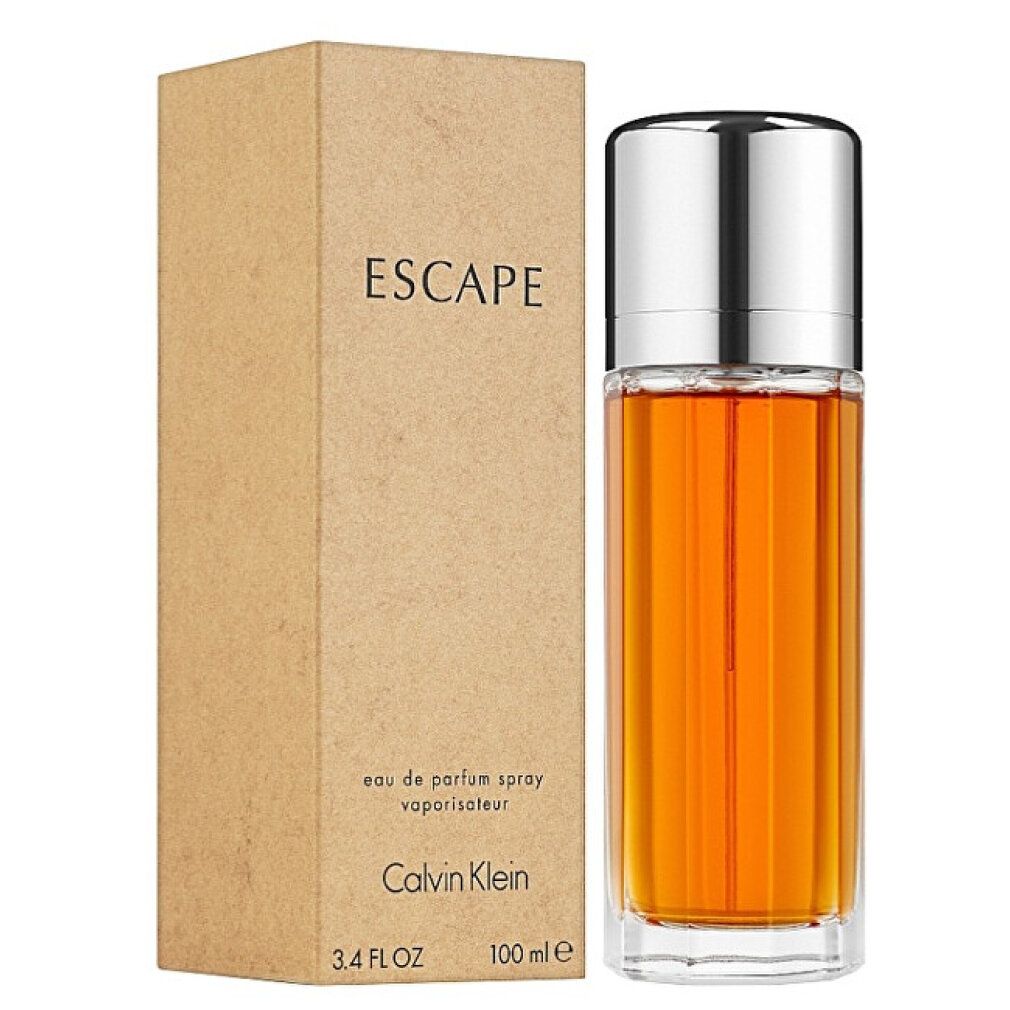 Parfümflakon und Karton. Flakon mit silbernem Deckel, goldfarbenem Inhalt. Karton mit "ESCAPE" und "Calvin Klein" Schriftzug.