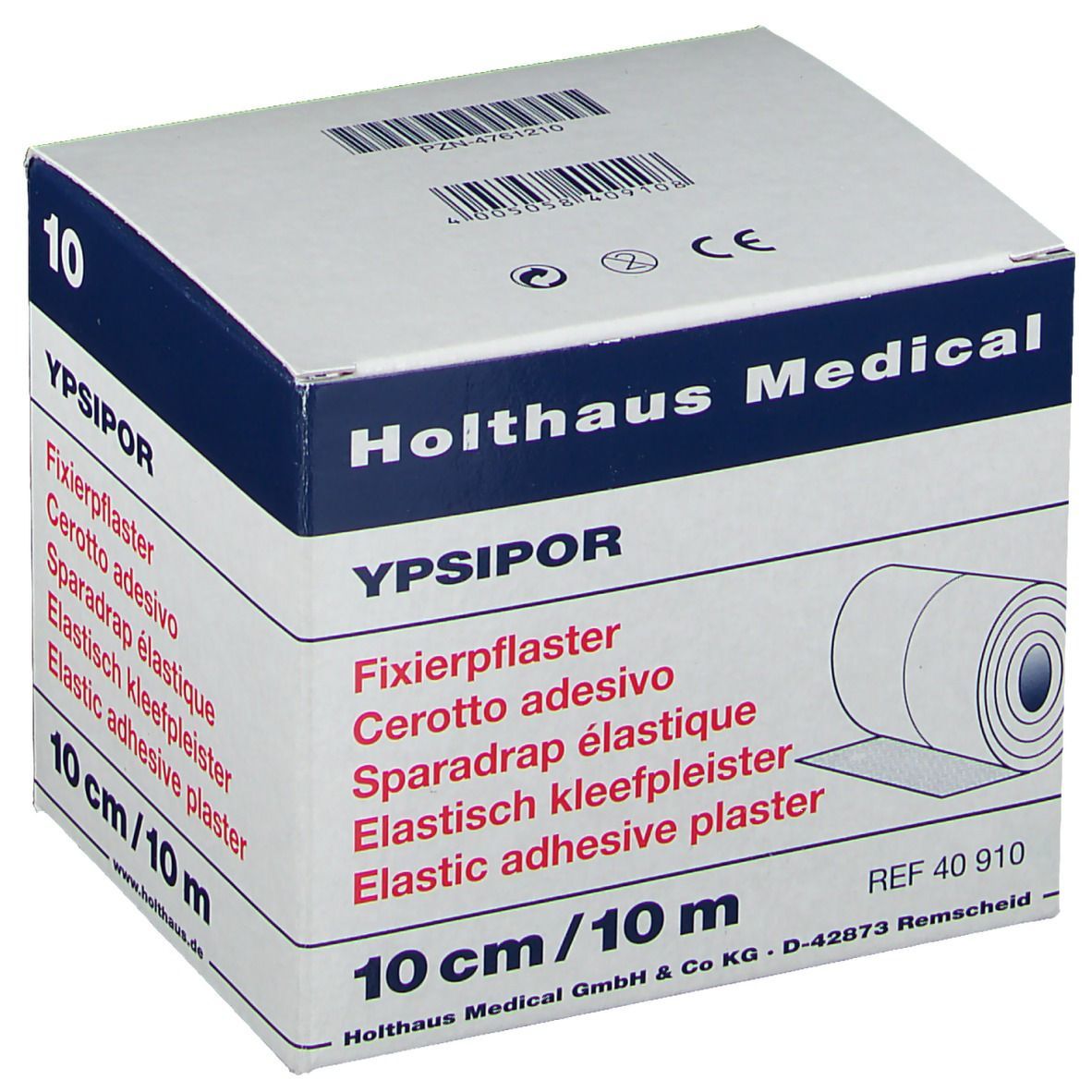 Karton mit Holthaus Medical YPSIPOR Fixierpflaster. 10 cm/10 m. Produktabbildung.