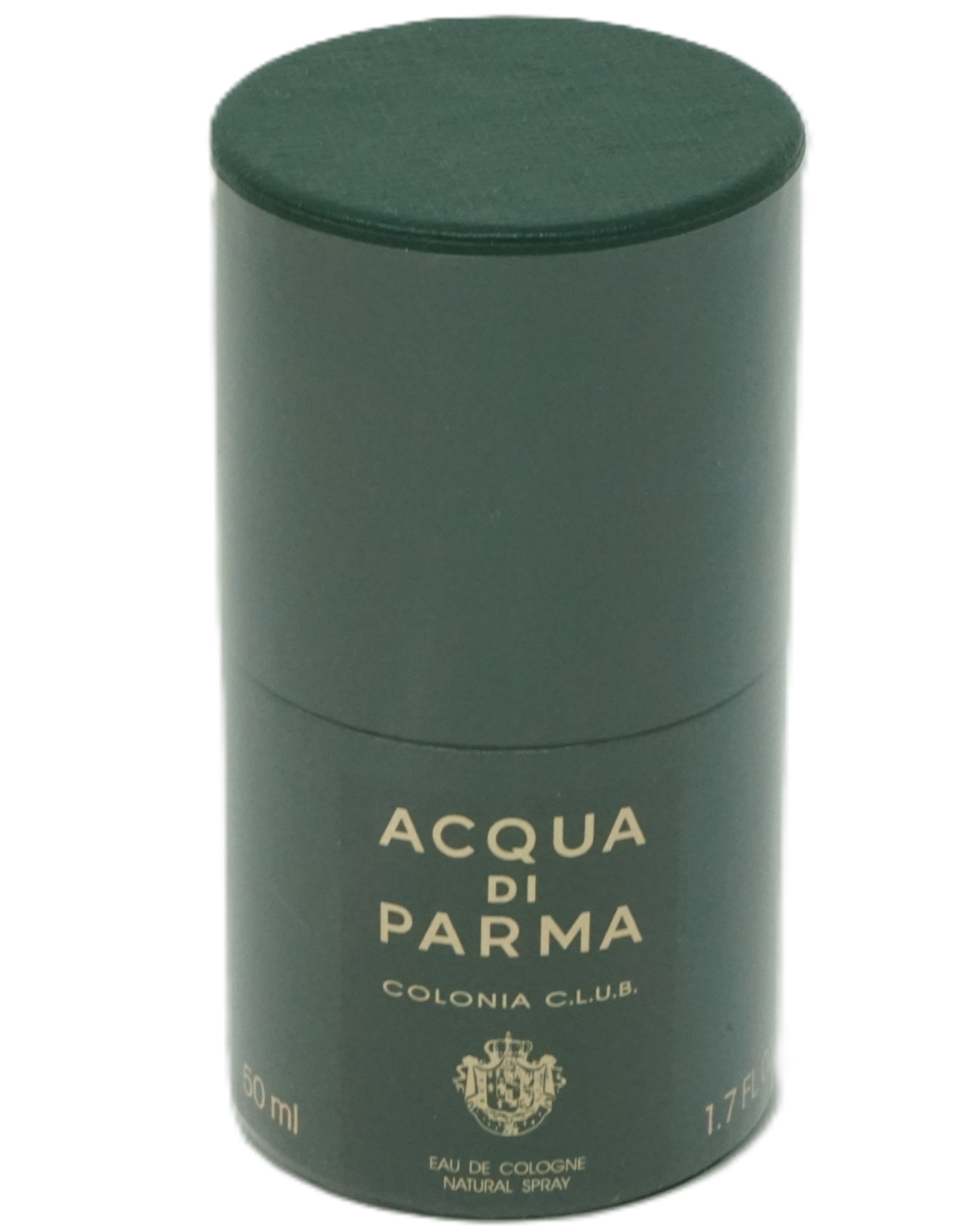 Zylindrische Verpackung, grün. Aufschrift: Acqua di Parma Colonia Club, Eau de Cologne, 50 ml, 1.7 fl oz.