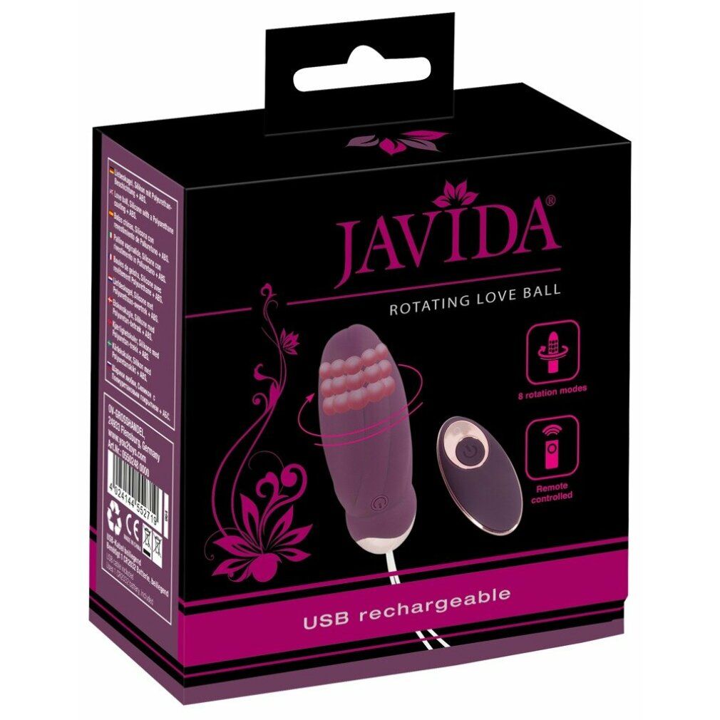 Verpackung mit Produktnamen Javida Rotating Love Ball. Enthält ein lila Massagegerät, Fernbedienung und USB-Ladekabel. Schwarzer Karton.