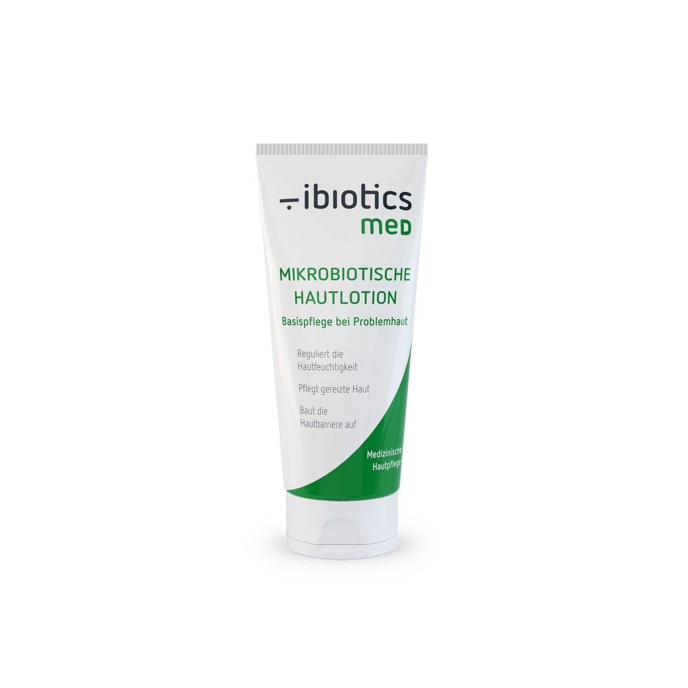 Weiße Tube mit grünen Akzenten. Beschriftung: IBIOTICS med Mikrobiotische Hautlotion. Basis-Pflege bei Problemhaut.