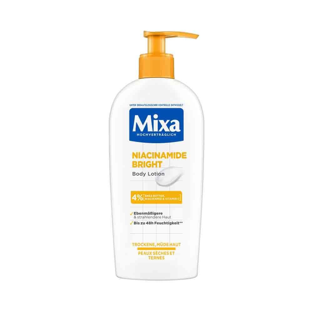 Weiße Flasche mit gelbem Pumpkopf. Aufschrift: Mixa Niacinamide Bright Body Lotion. Enthält 4% Niacinamide und Vitamin C.