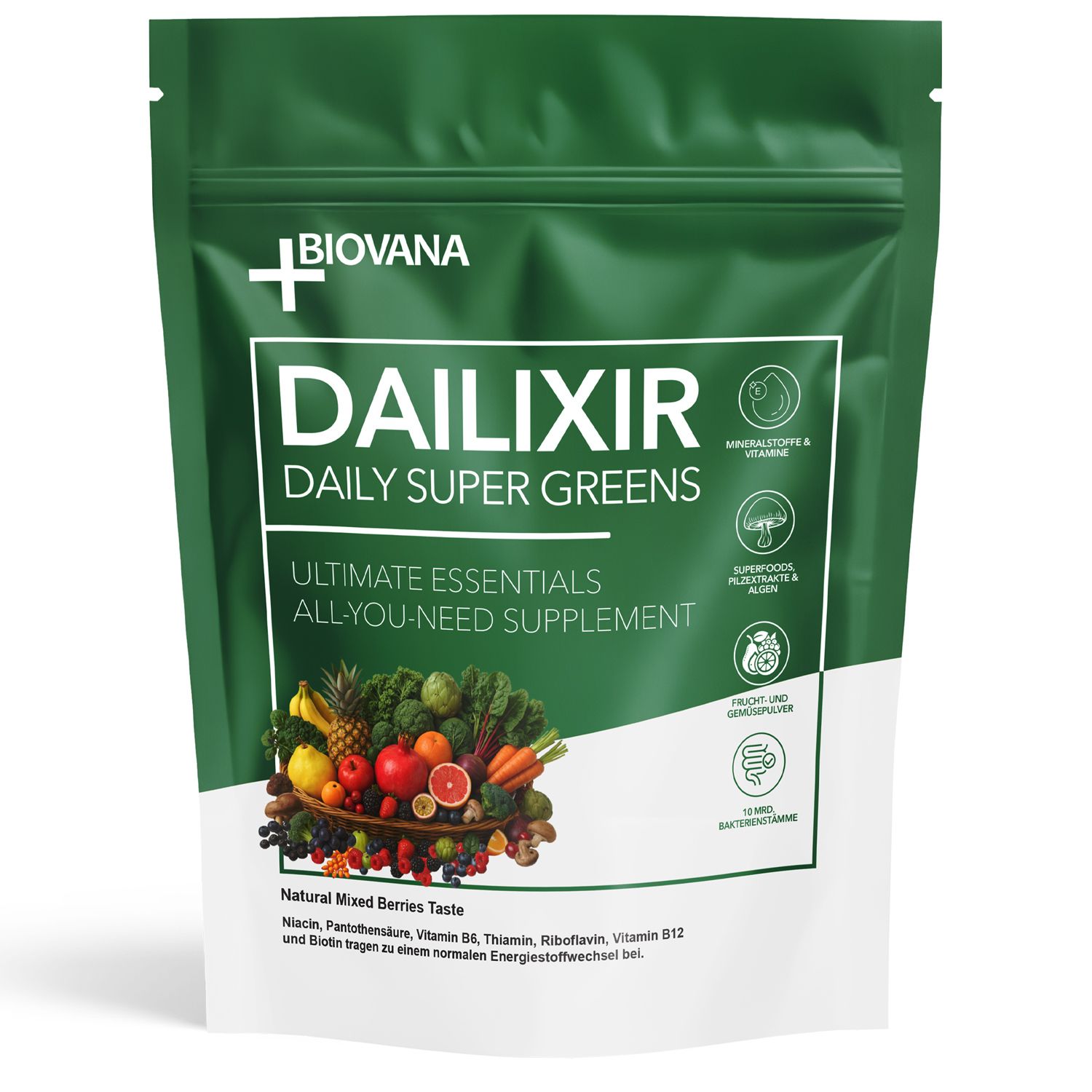 Grüne Standbeutel mit Biovana Dailixir Daily Super Greens. Text: Ultimate Essentials, All-You-Need Supplement. Illustration von Früchten und Gemüse.
