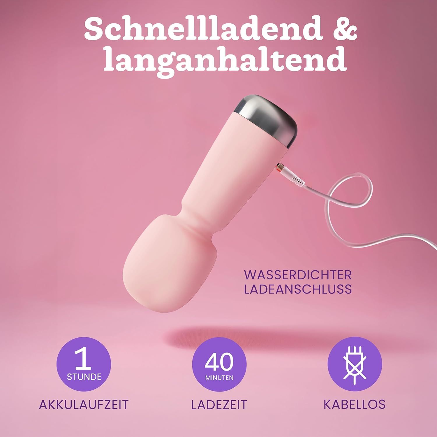 Rosa Mini-Vibrator mit USB-Ladekabel. Schnellladung, 1 Stunde Akkulaufzeit, 40 Minuten Ladezeit.