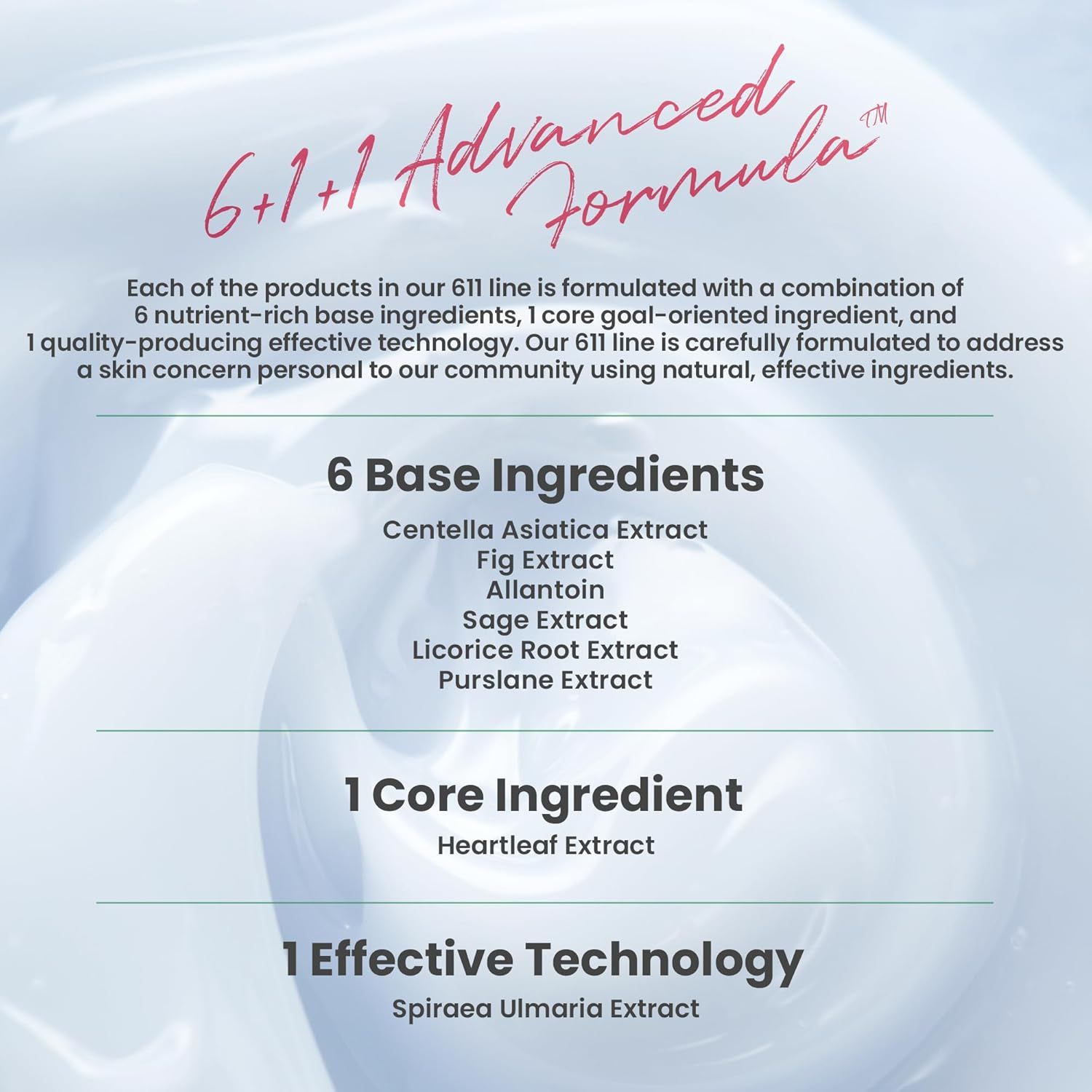 Text mit Inhaltsstoffen. 6 Base Ingredients, 1 Core Ingredient, 1 Effective Technology. Produktbeschreibung.