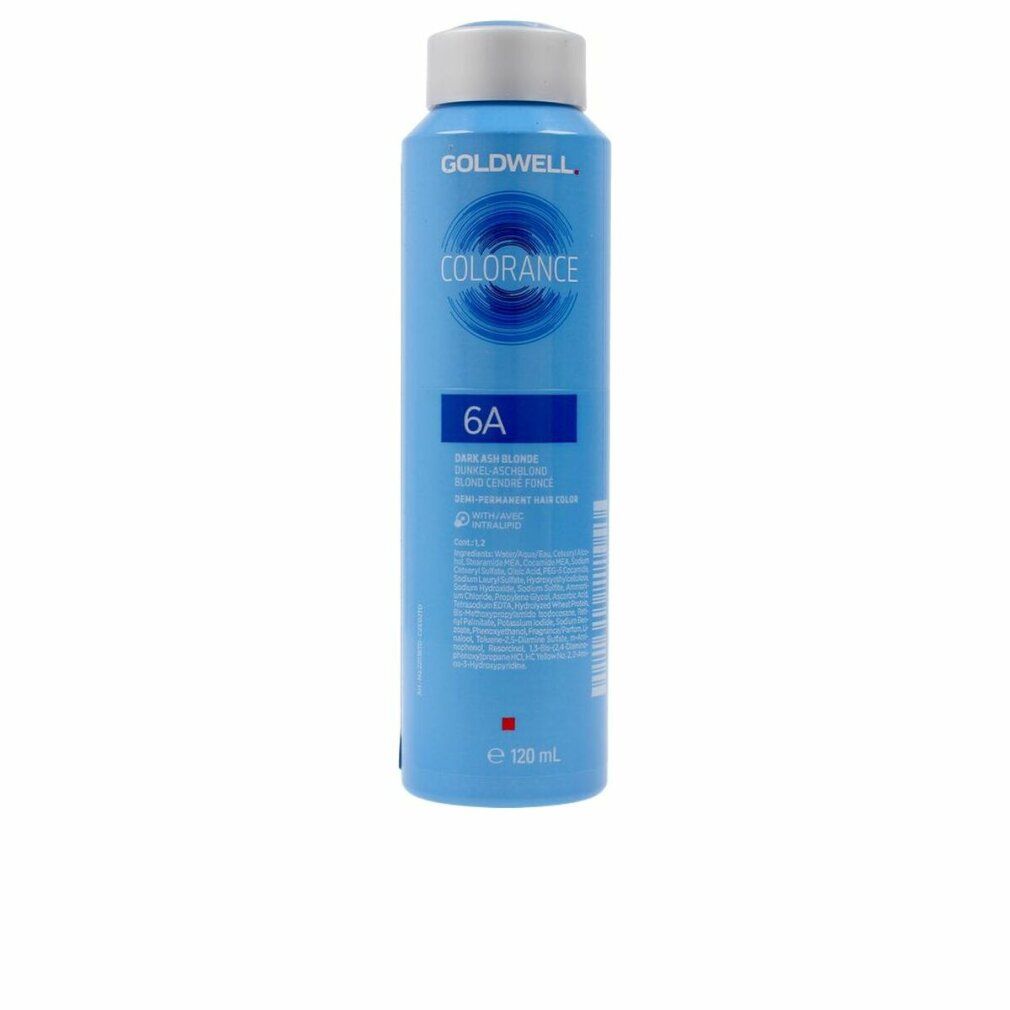 Hellblaue Flasche mit weißem Deckel. Aufschrift COLORANCE 6A und GOLDWELL. Volumen 120 ml.