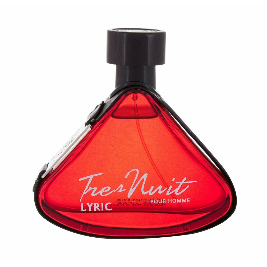 Roter Flakon mit schwarzem Verschluss. Aufschrift: Tres Nuit Lyric Pour Homme. Schwarze Umrandung.