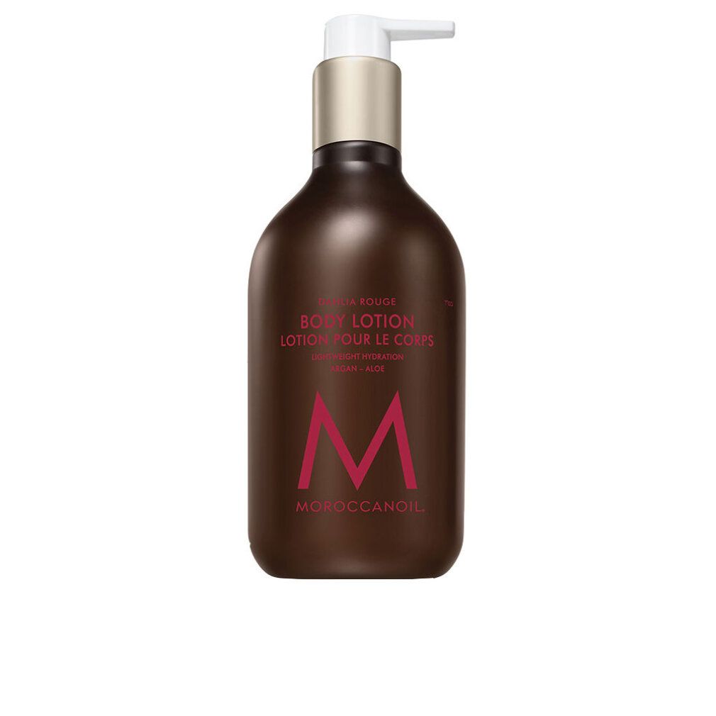 Braune Flasche mit Pumpe. Aufschrift: Body Lotion, Moroccanoil. Roter Buchstabe M. Produktname: dahlia rouge körperlotion.