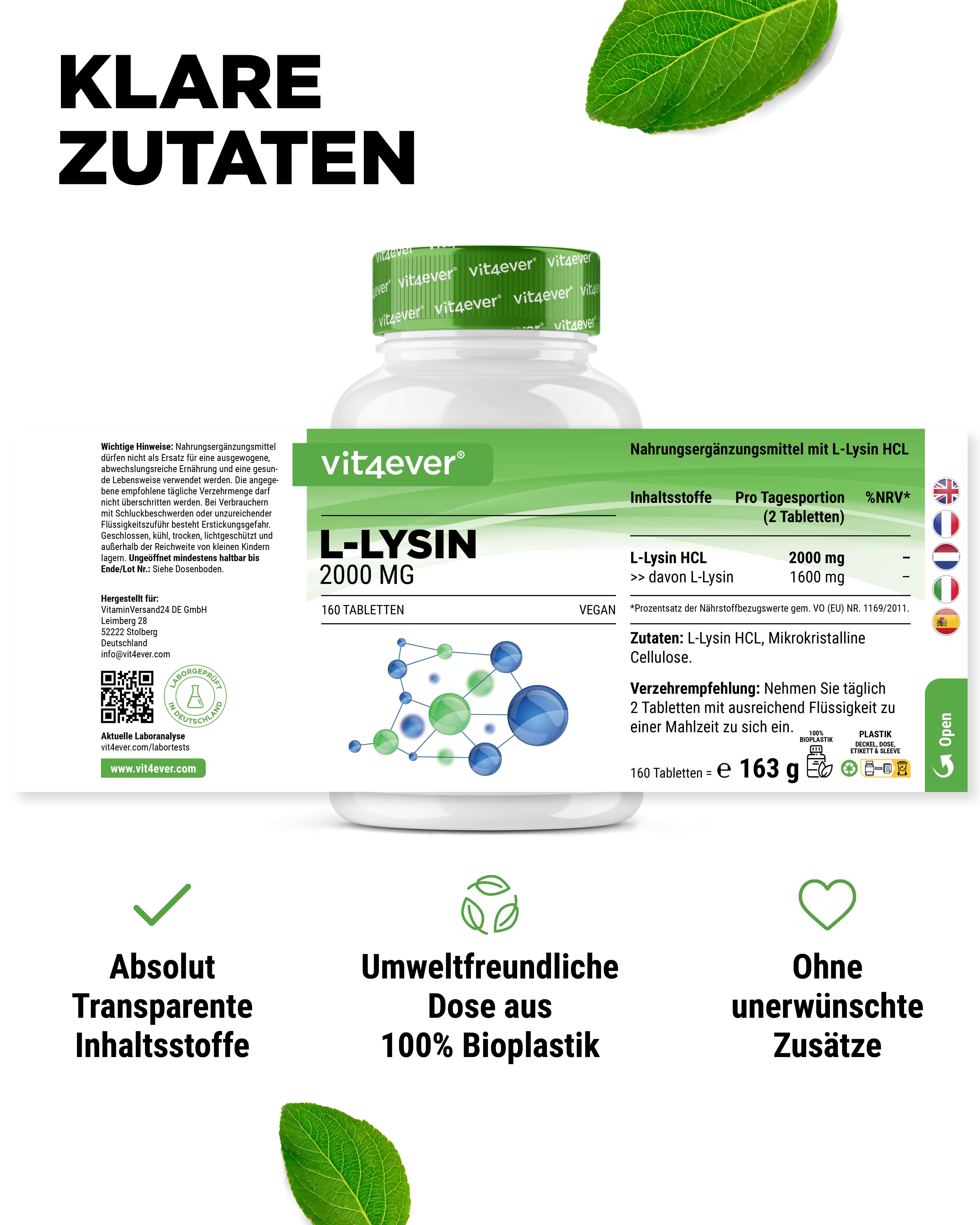 Weiße Flasche mit grünem Deckel. Aufschrift: vit4ever L-LYSIN 2000 MG. Vegan. 160 Tabletten. Transparente Inhaltsstoffe.