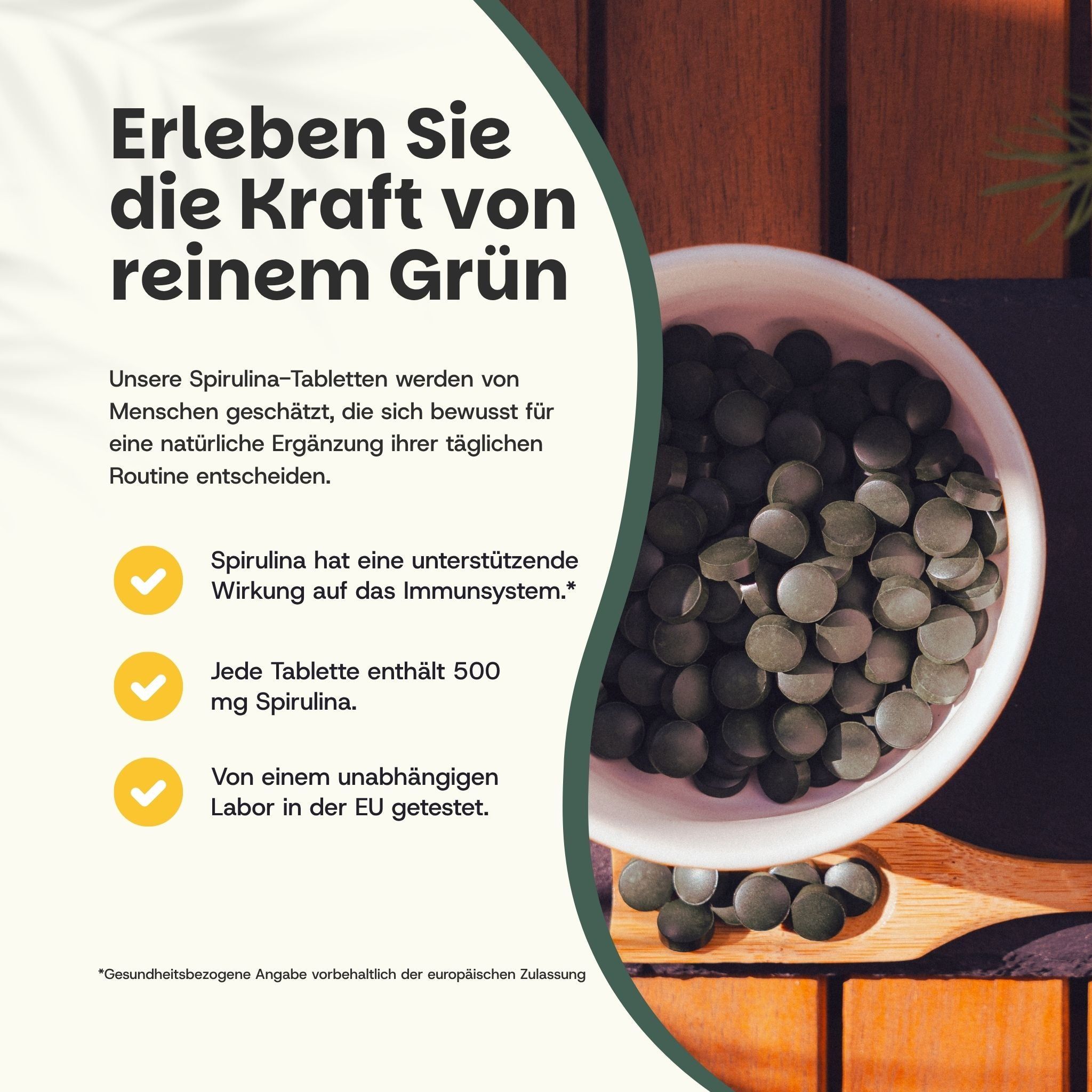 Braune Papiertüte mit Spirulina-Tabletten, 500 mg, Bio, 300 vegane Tabletten.