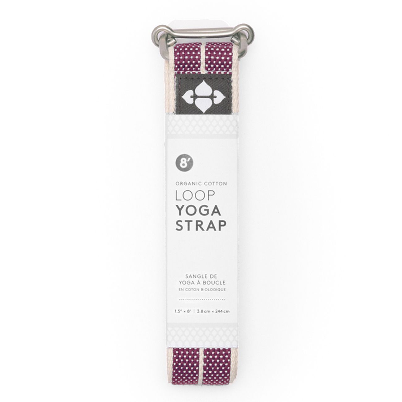 Yogagurt Loop aus Bio-Baumwolle, Plum Weave. 244 cm lang. Mit Verpackung. Logo und Text auf Etikett.
