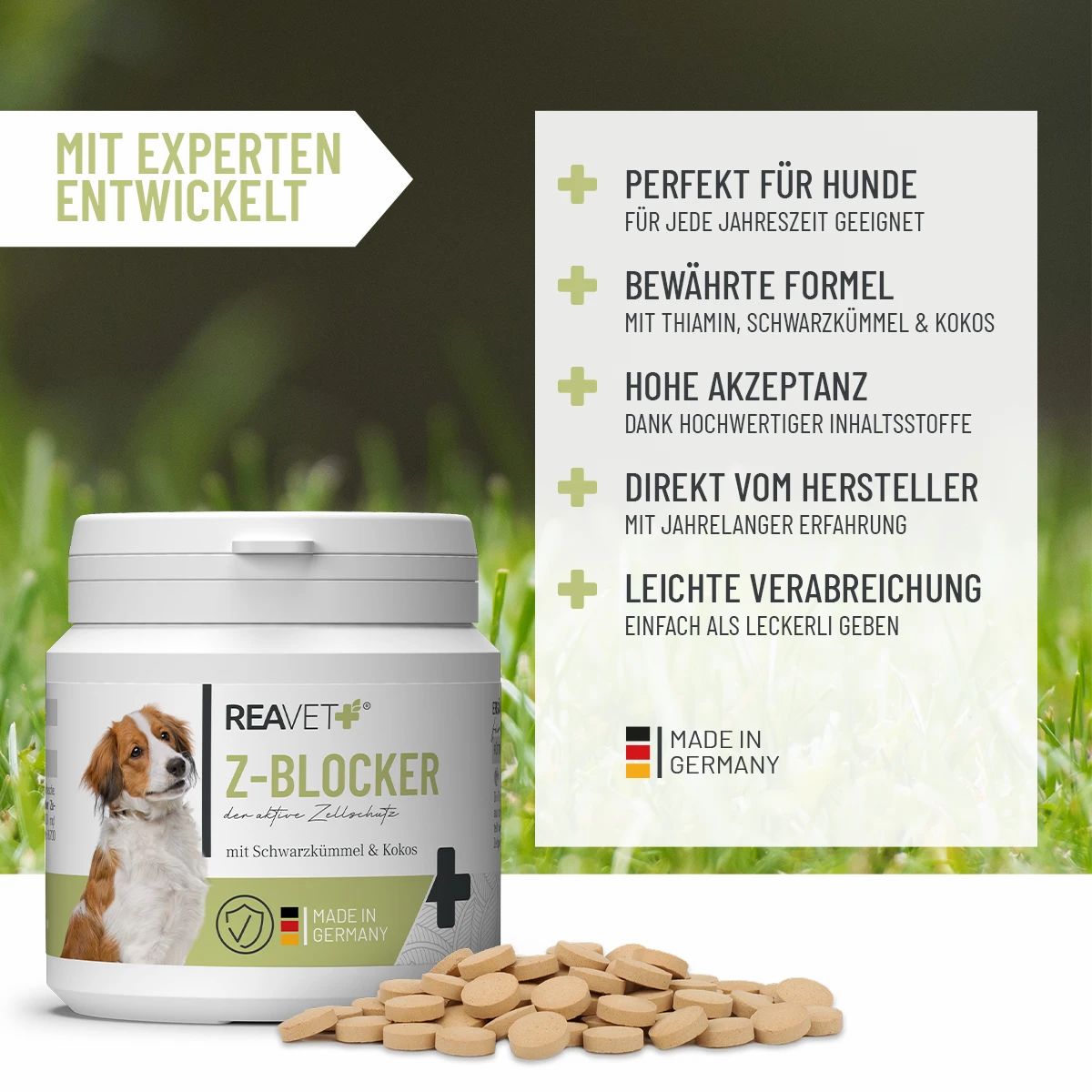 Weiße Dose mit Tabletten. Aufschrift: Z-Blocker, ReaVET. Logo mit Hund. Text: Made in Germany. Tabletten liegen daneben.
