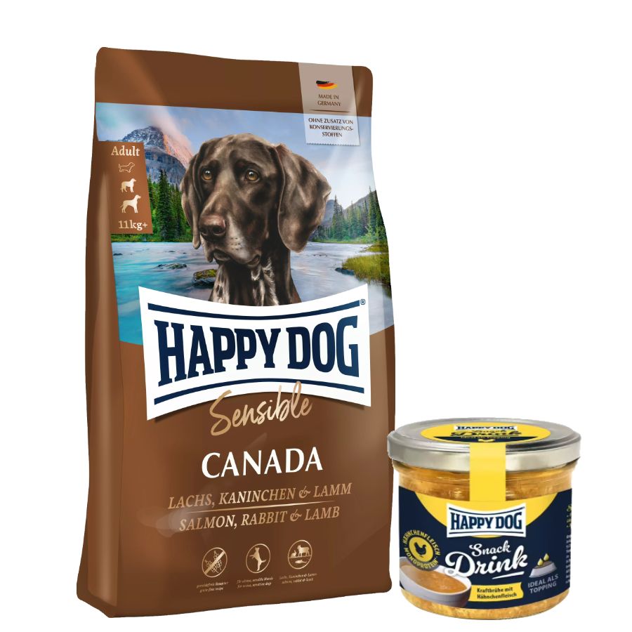 Happy Dog Sensible Canada + Happy Dog Snack Drink mit Hähnchenfleisch und Gemüse