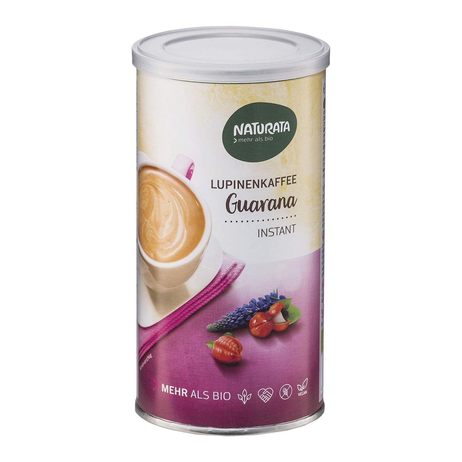 Dose Naturata Lupinenkaffee mit Guarana Instant, mit Abbildung einer Tasse Kaffee und Früchten.