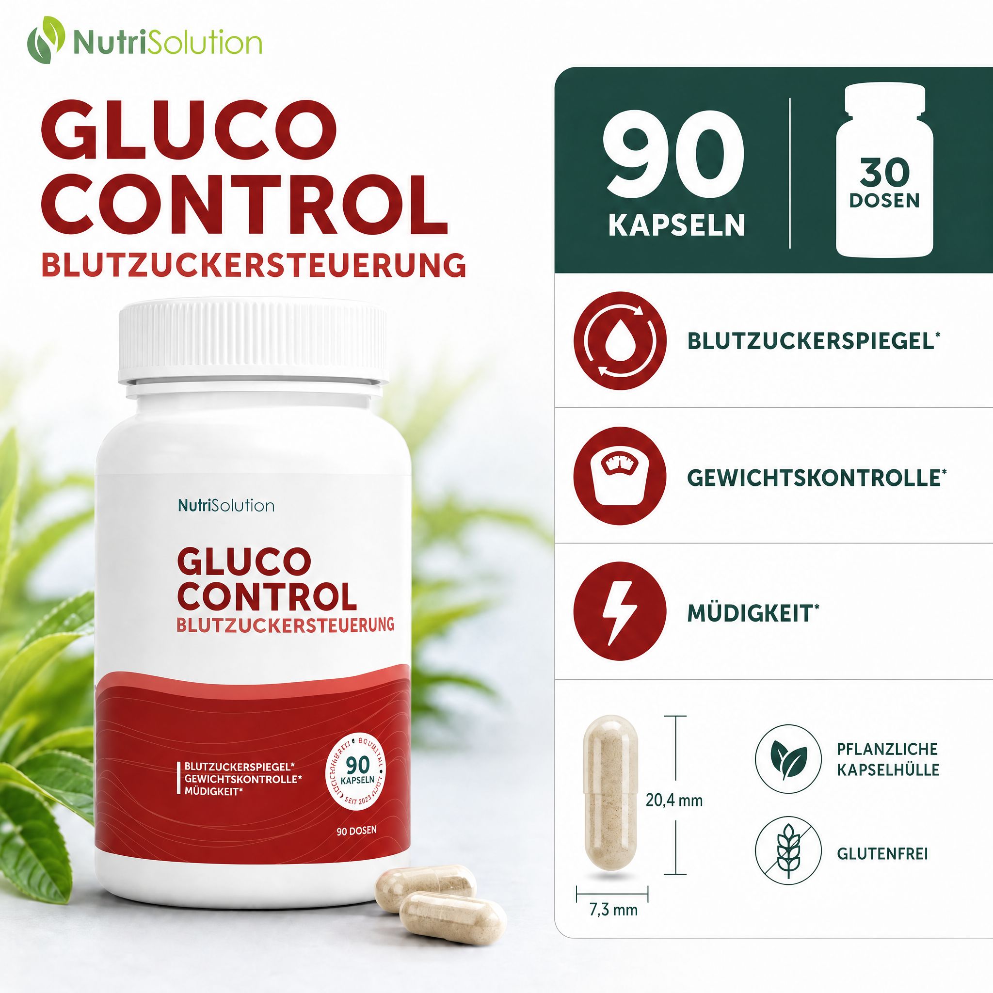 NutriSolution Glucauxi 85 Flasche mit Kapseldetails und Gesundheitsinformationen.