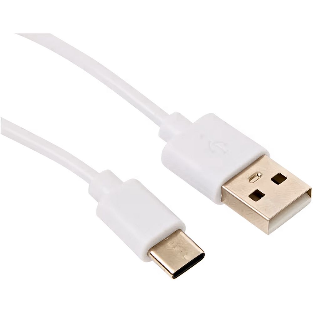 Weißes USB-Kabel mit Typ-C- und USB-A-Anschlüssen. Nahaufnahme.