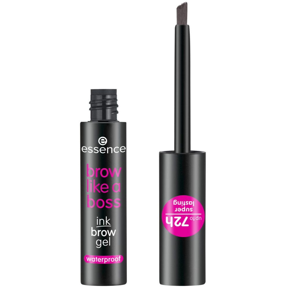 Augenbrauengel. Schwarze Flasche mit Applikator. Pinkfarbener Aufdruck. "Essence" und "brow like a boss ink brow gel" Text. "72h super lasting" Aufkleber.