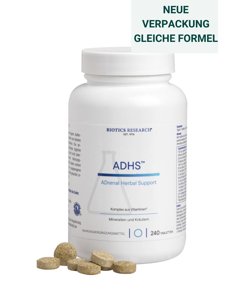 Weiße Flasche mit Tabletten. Aufschrift ADHS, 240 Tabletten. Text: Neue Verpackung, gleiche Formel. Tabletten daneben.