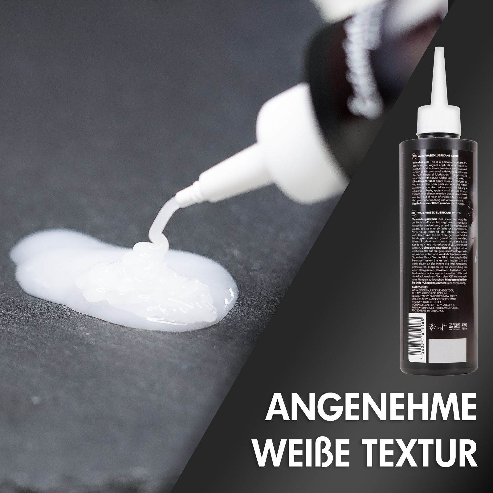 Weißes Gel fließt aus Flasche. Schwarze Flasche mit weißem Deckel. Text: White Fast Wet Creampie. Angenehme weiße Textur.