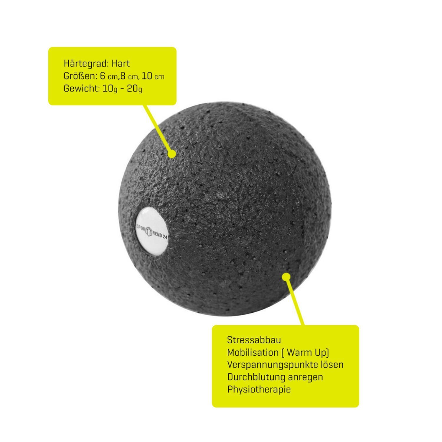 Schwarzer Faszienball mit Textur. Gelbe Infoboxen mit Informationen zu Härtegrad, Größe und Gewicht. Text: Stressabbau, Mobilisation.