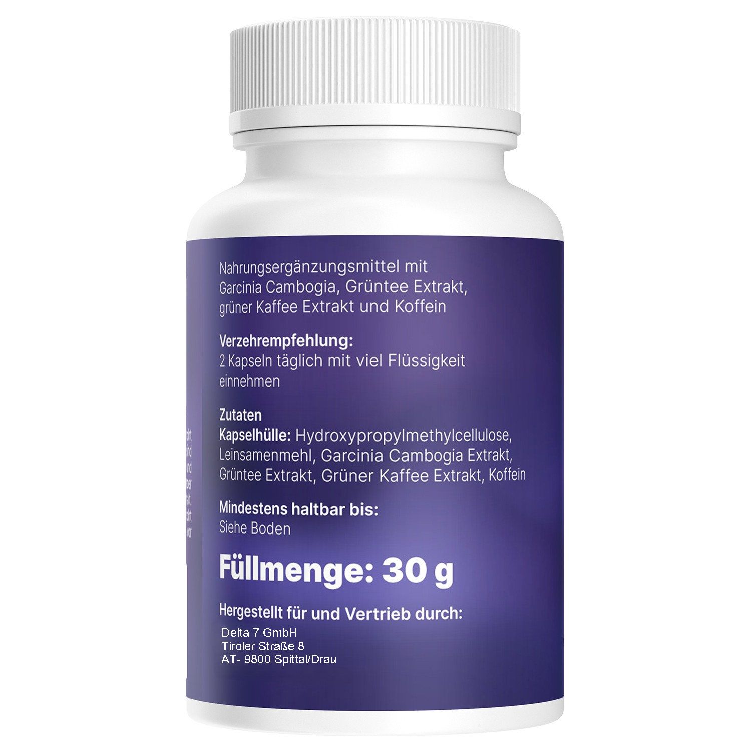 Rückseite der weißen Flasche. Enthält Inhaltsstoffe und Verzehrempfehlung. Füllmenge: 30 g.