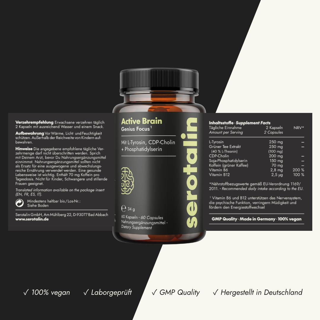 Braune Flasche mit Kapseln. Text: Active Brain Genius Focus. Mit L-Tyrosin, CDP-Cholin + Phosphatidylserin. 60 Kapseln. 100% vegan, Laborgeprüft, GMP Quality.