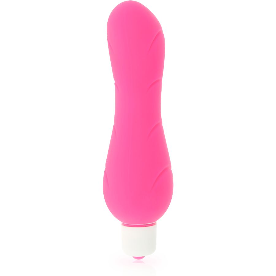 Rosa Vibrator aus Silikon. Geschwungene Form mit geriffelter Oberfläche. Weißer Kopf. Auf weißem Hintergrund.
