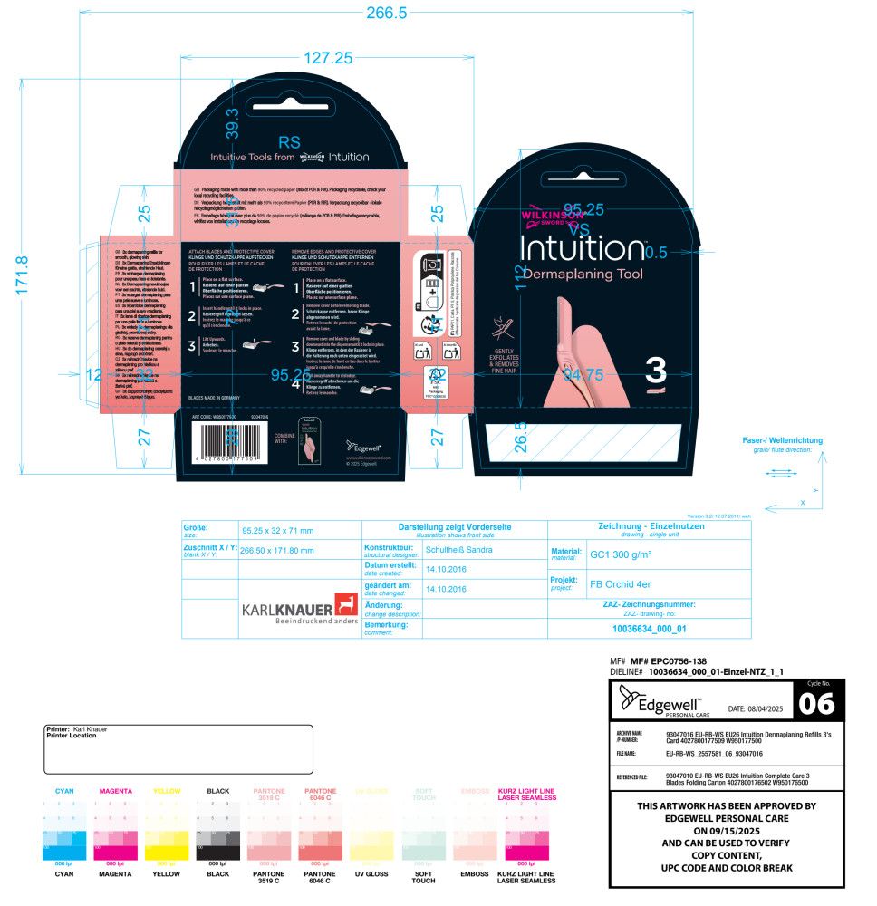 Verpackung für ein Dermaplaning-Tool mit 3 Klingen.