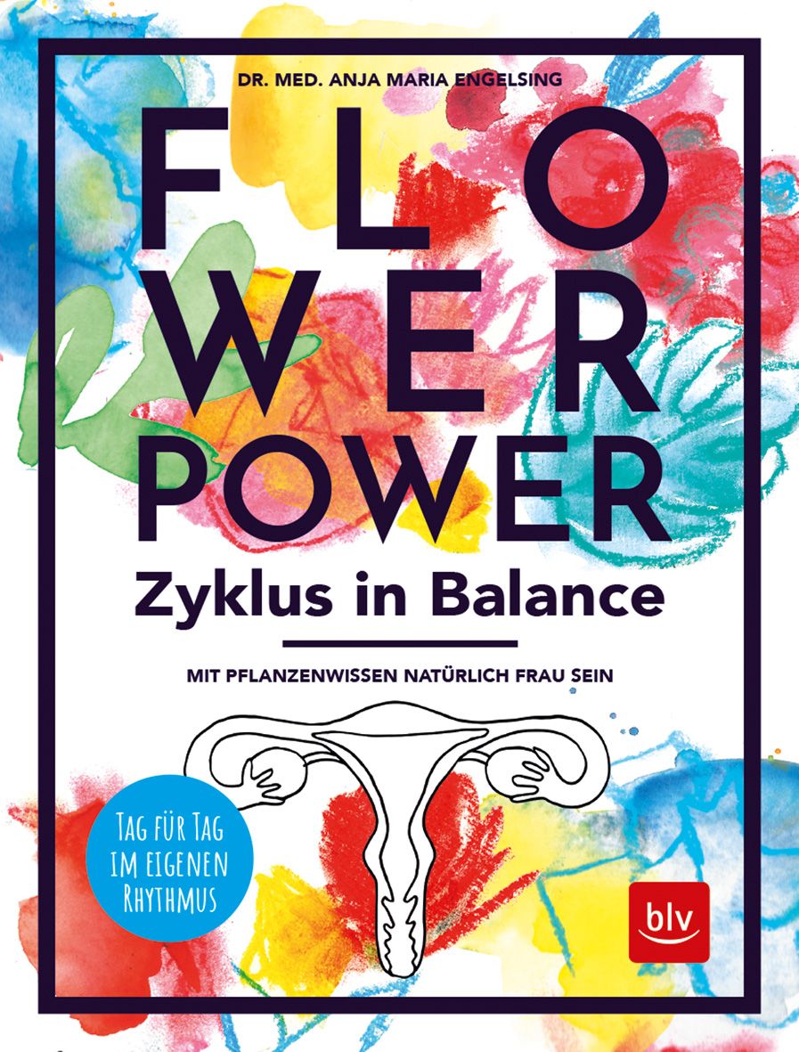 Buchcover mit Titel "Flowerpower Zyklus in Balance". Autorin: Dr. med. Anja Maria Engelsing. Illustration einer Gebärmutter. Verlag: blv.