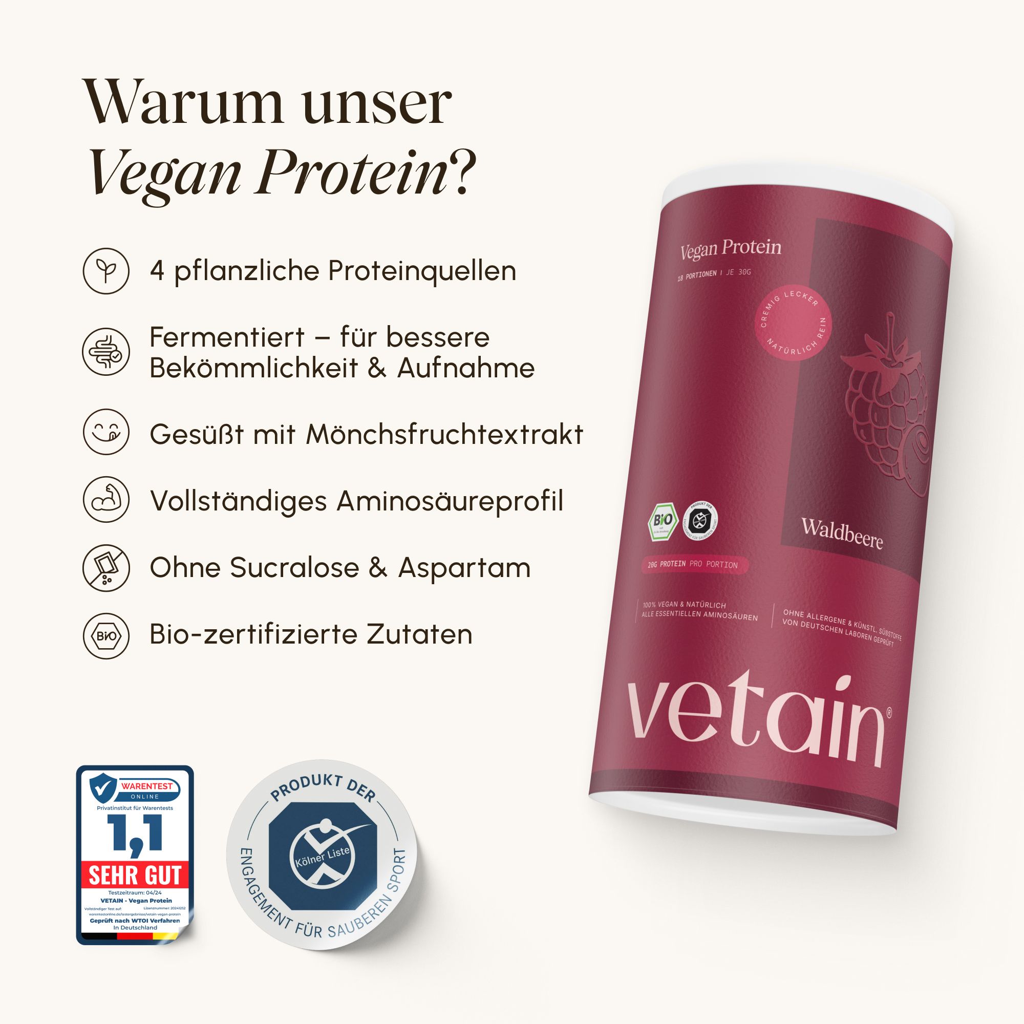 Frau trinkt Vetain Vegan Protein Beere Shake: 20g pflanzliches Protein, 115 kcal, 5.4g BCAAs pro Portion.