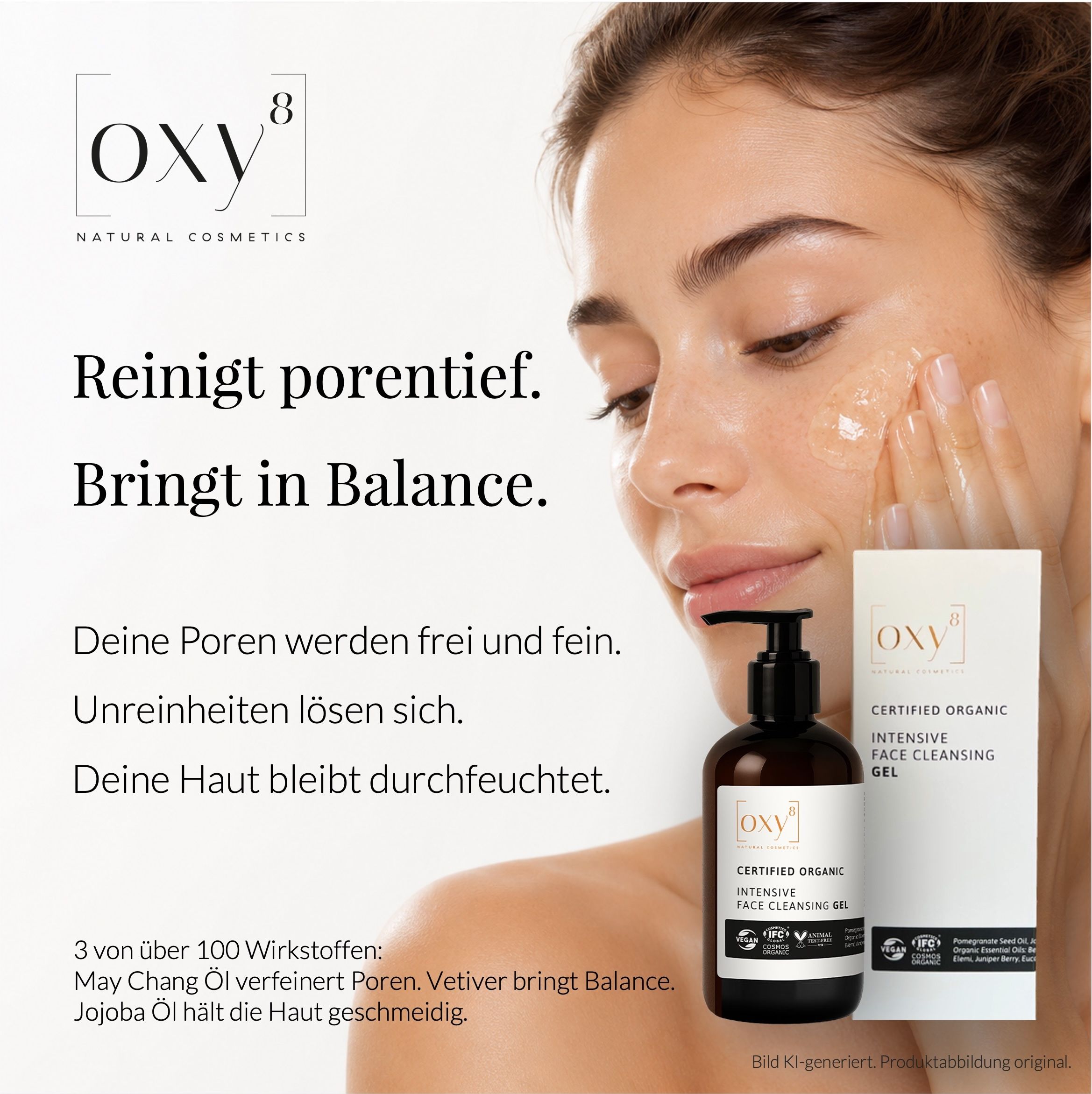 Frau mit geschlossenen Augen, OXY8 Logo und Text über Hautregeneration.