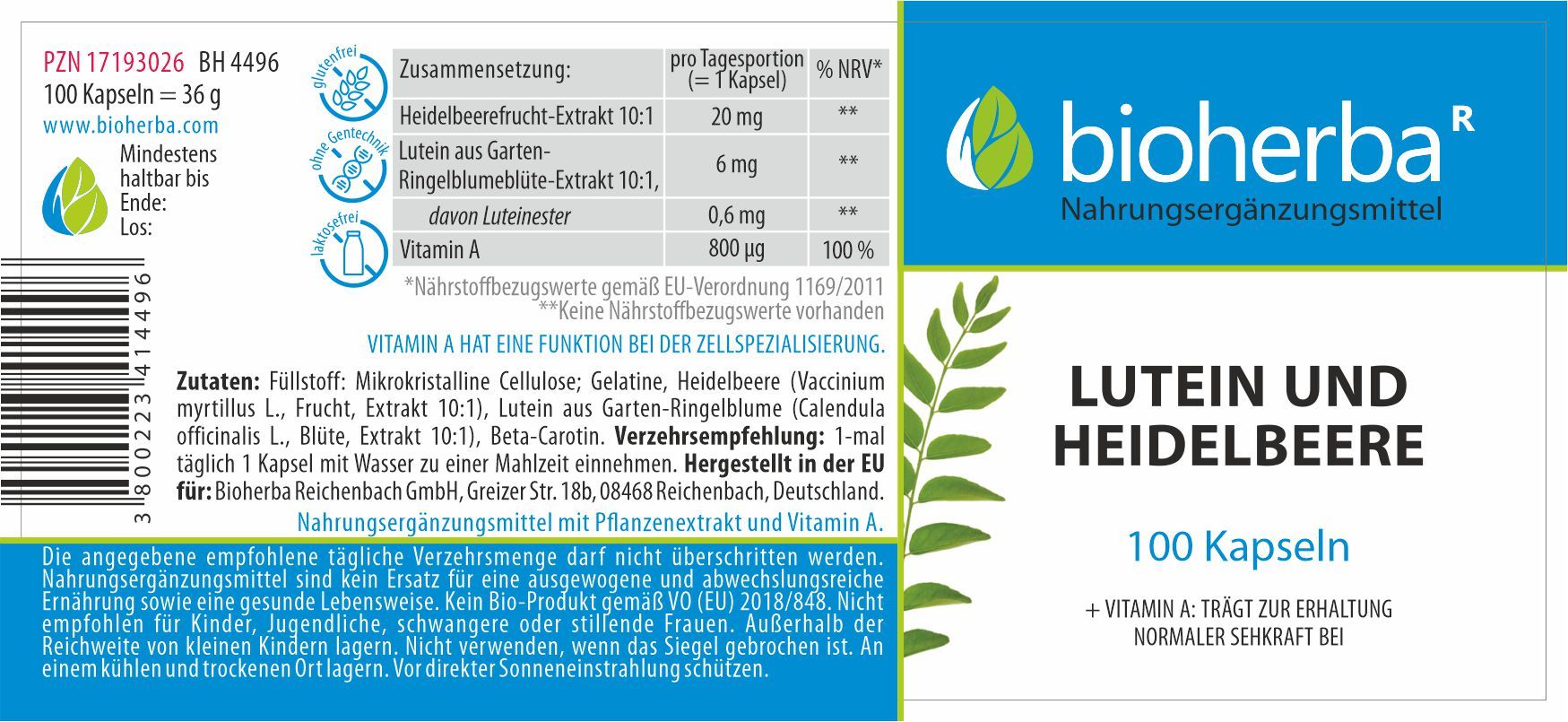 Lutein und Heidelbeere 100 Kapseln PZN 17193026