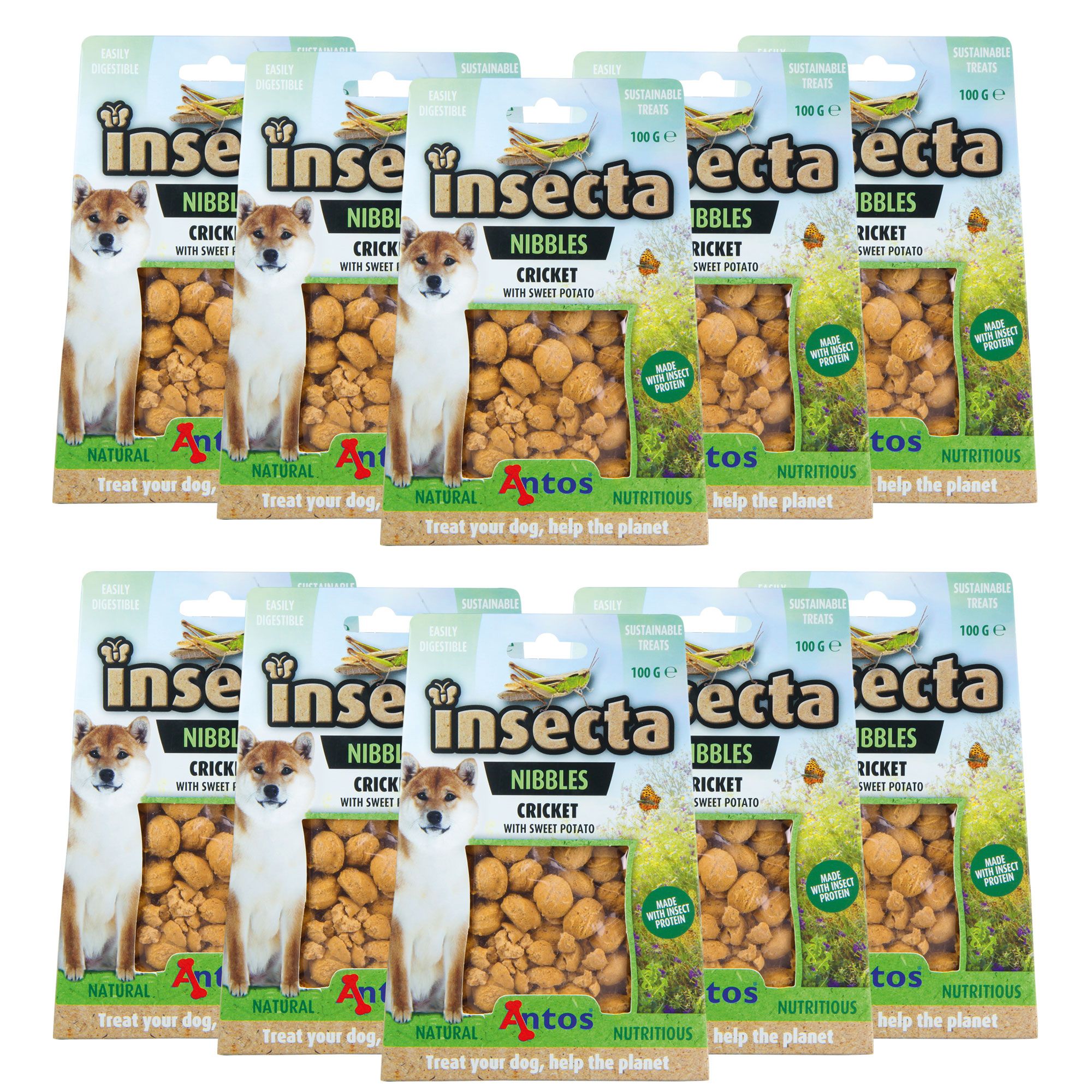 Mehrere Packungen Hundekekse mit dem Aufdruck "Insecta Nibbles Cricket". Auf der Verpackung ist ein Hund abgebildet. Die Kekse sind in einer Tüte sichtbar.