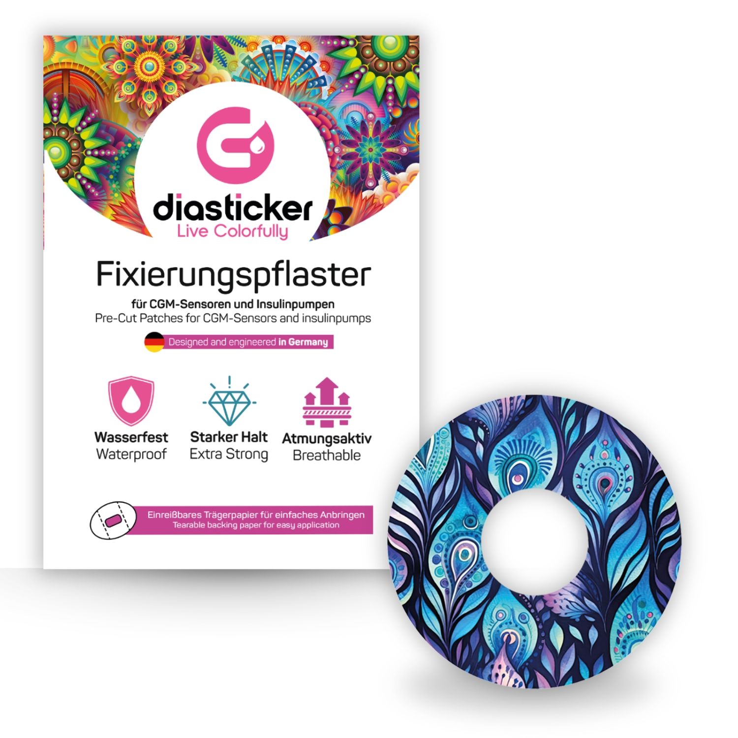 Verpackung mit Produktname Diasticker und Fixierungspflaster. Pflaster mit Pfauenfeder-Muster. Text: wasserfest, starker Halt, atmungsaktiv.