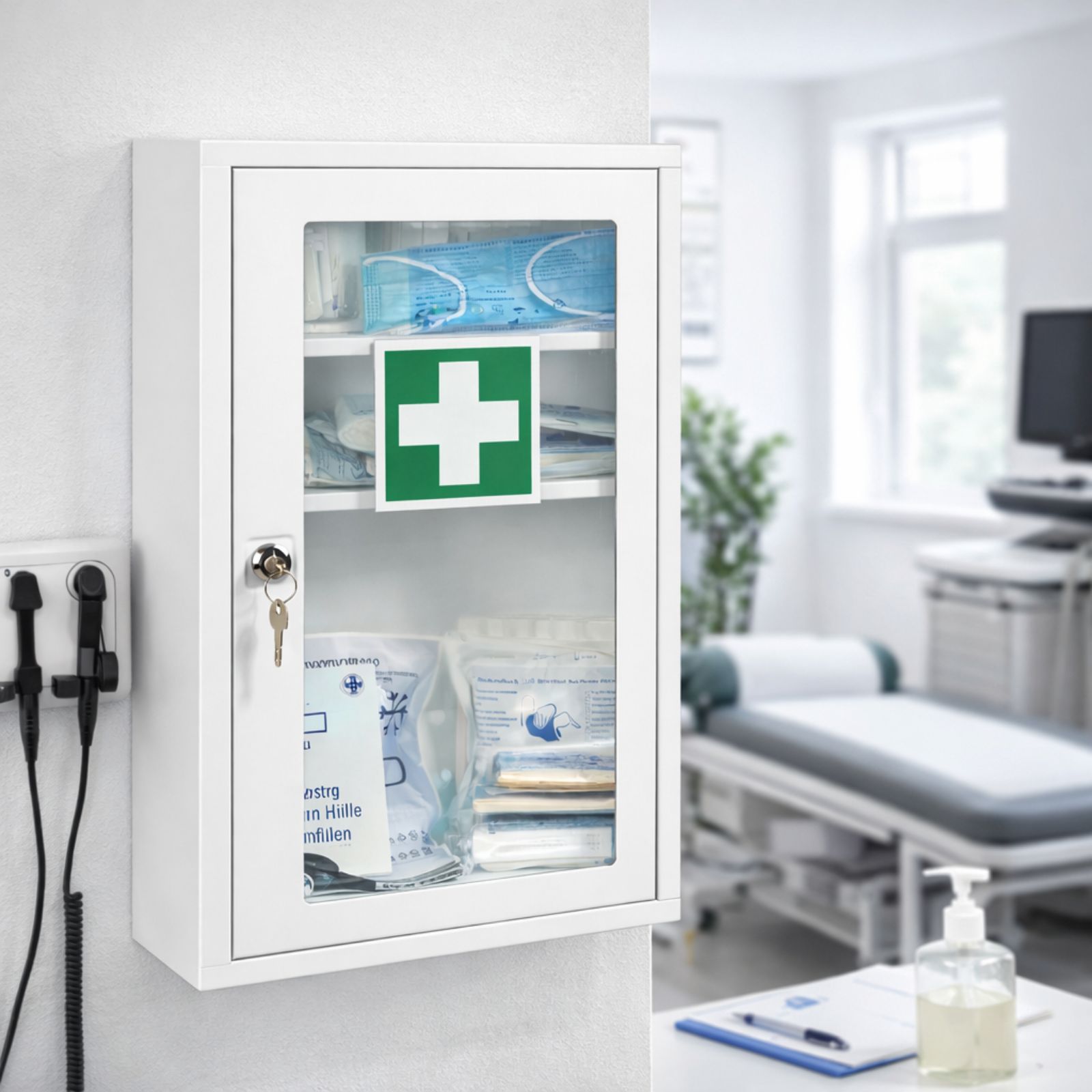 FAP First Aid Products - Verbandschrank F (leer) mit Sichtfenster & Schloss – Weiß