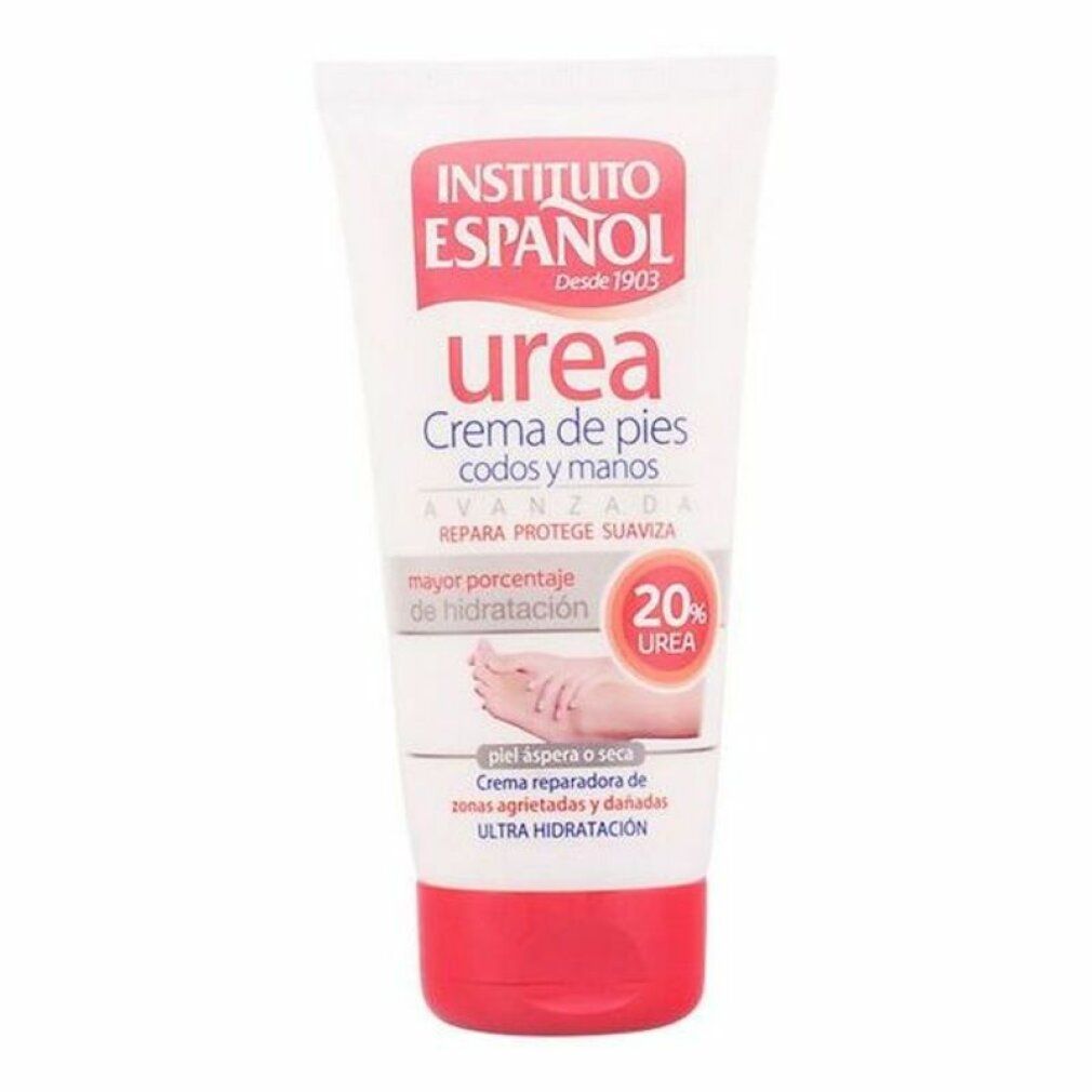 Weiße Tube mit rotem Verschluss. Aufschrift: Instituto Español Urea, Creme für Füße, Ellbogen und Hände. Enthält 20% Urea.