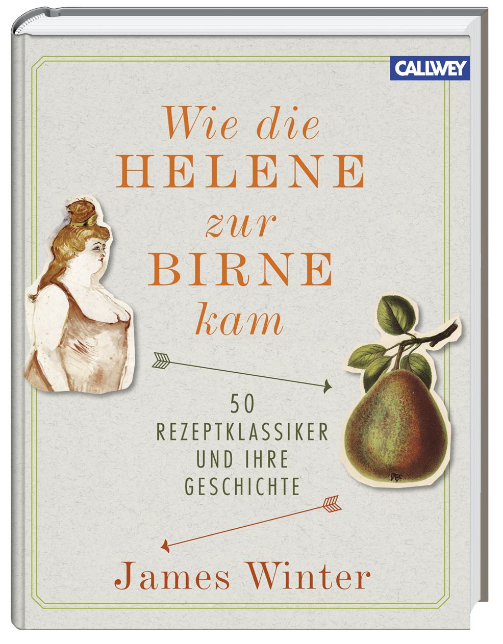Buchcover: "Wie die Helene zur Birne kam". Titel in Orange. Illustrationen: Frau, Birne. Autor: James Winter. Verlag: Callwey.