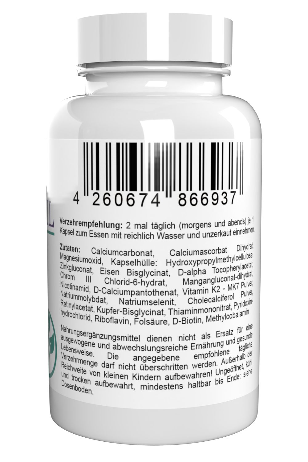 Rückseite einer weißen Flasche. Barcode und Text: Verzehrempfehlung, Zutaten, Nährwertangaben. Grünes Logo.
