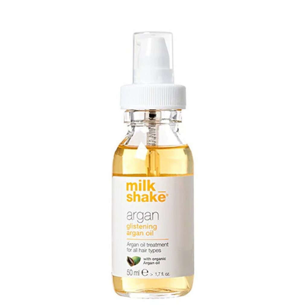 Klarflasche mit gelbem Öl, weißem Sprühkopf. Etikett mit "milk_shake" und "argan glistening argan oil".