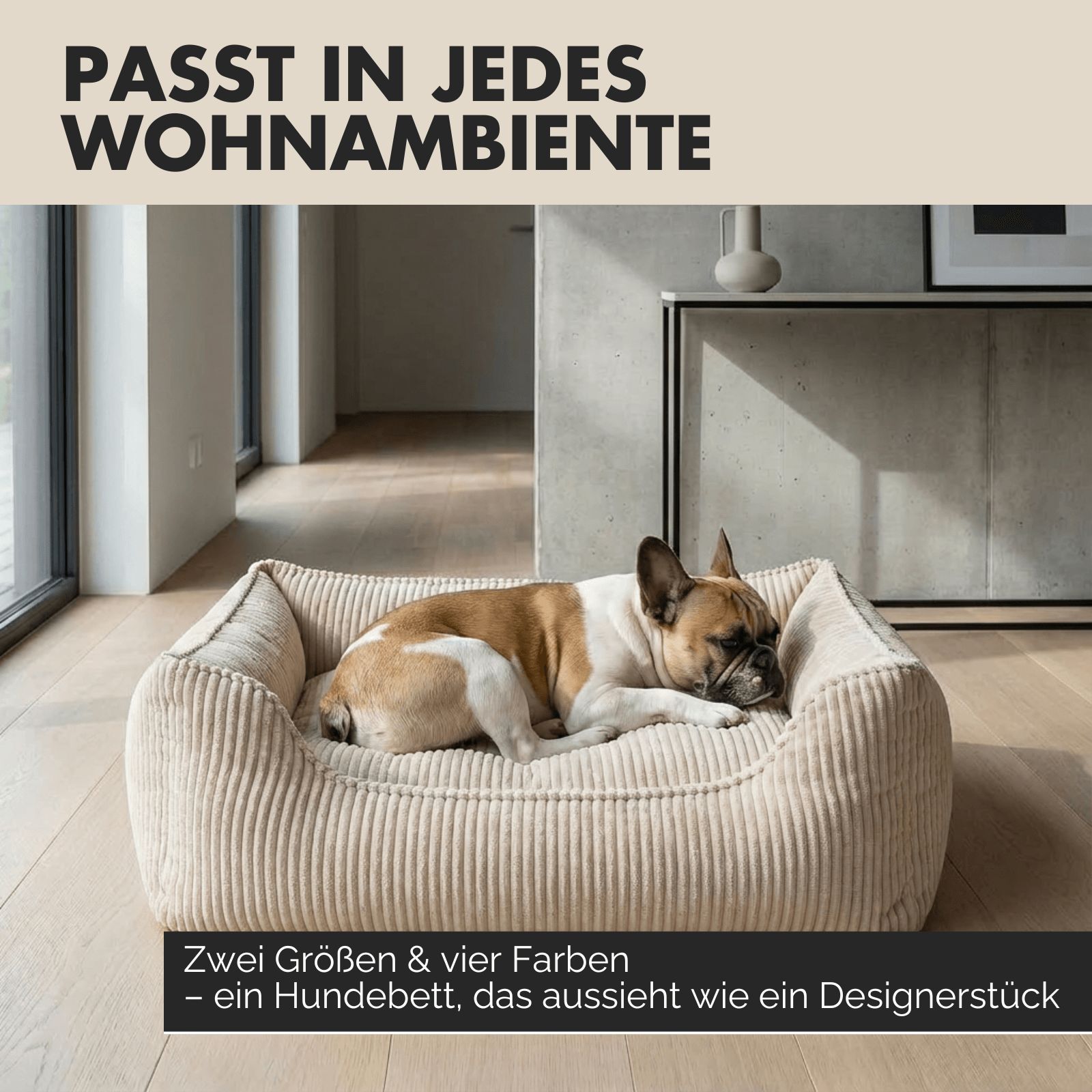 Beiges Hundebett mit Cordstruktur. Hund liegt im Bett. Text: Passt in jedes Wohnambiente.