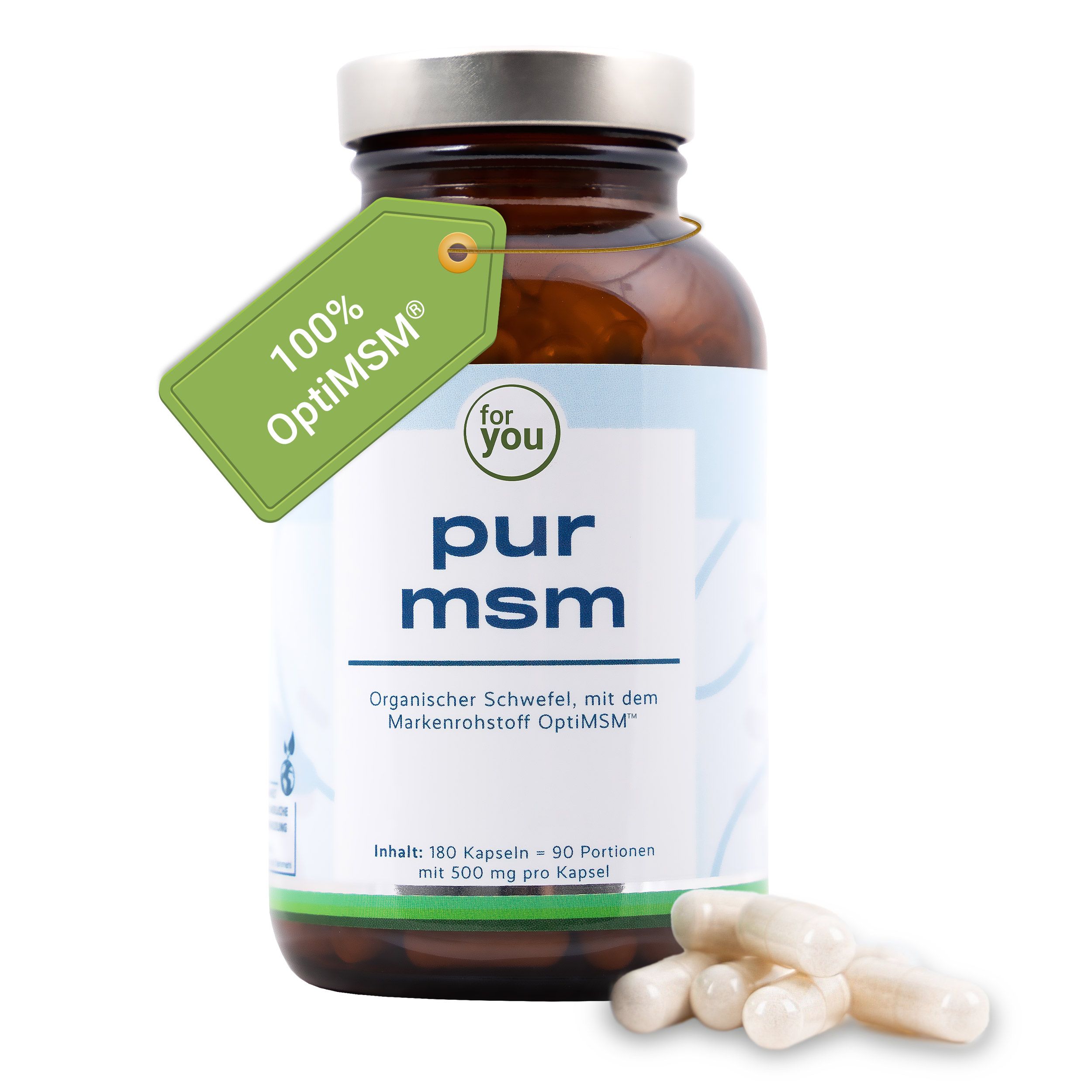 Flasche mit MSM-Kapseln und einem "100% OptiMSM" Anhänger. Einige Kapseln liegen daneben.