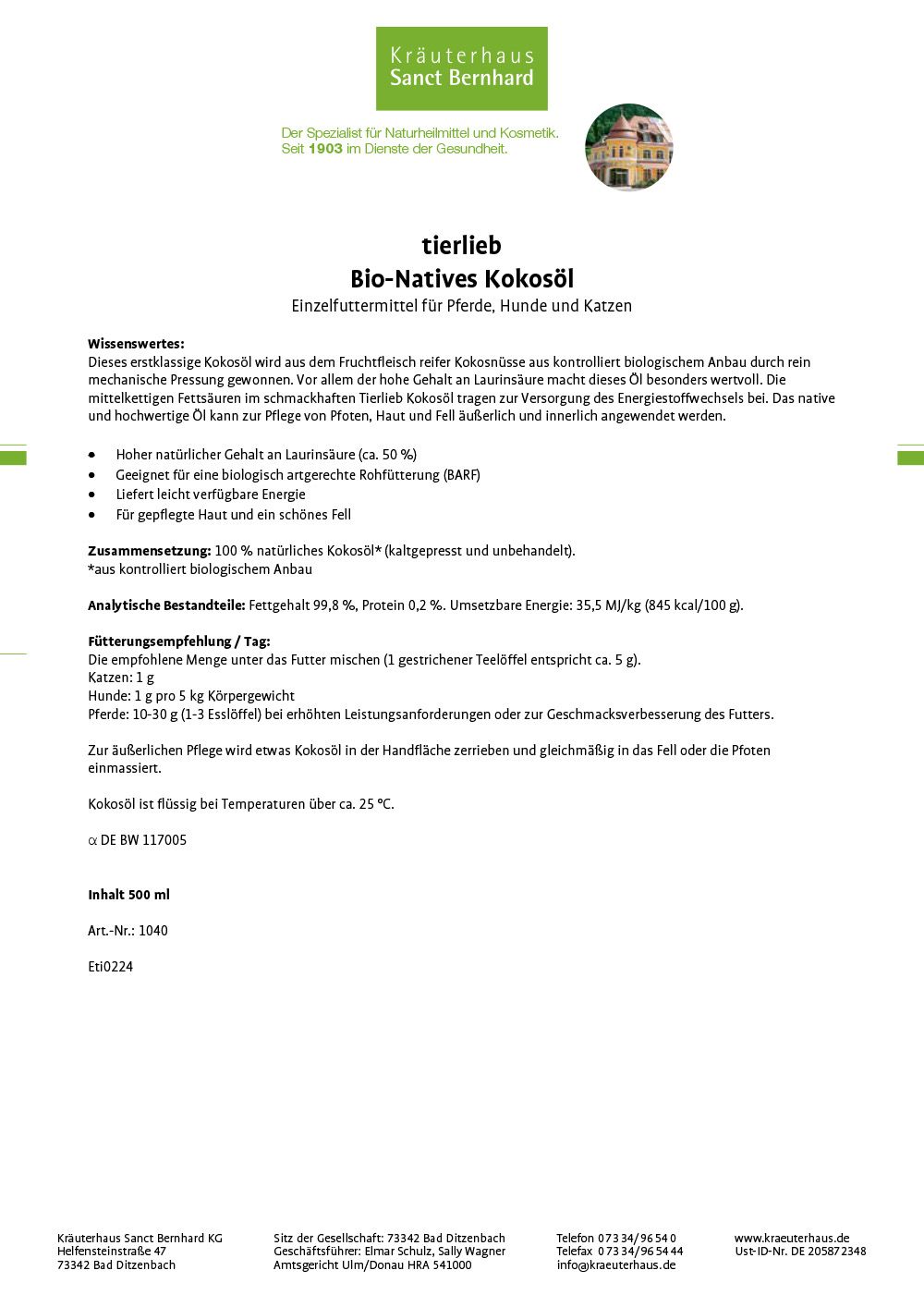 Sanct Bernhard tierlieb Bio-Natives Kokosöl für Pferde, Hunde und Katzen