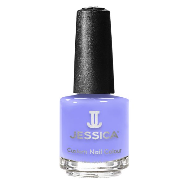 Flasche Nagellack, lila Farbe. Schwarzer Deckel. Aufschrift: JESSICA Custom Nail Colour.