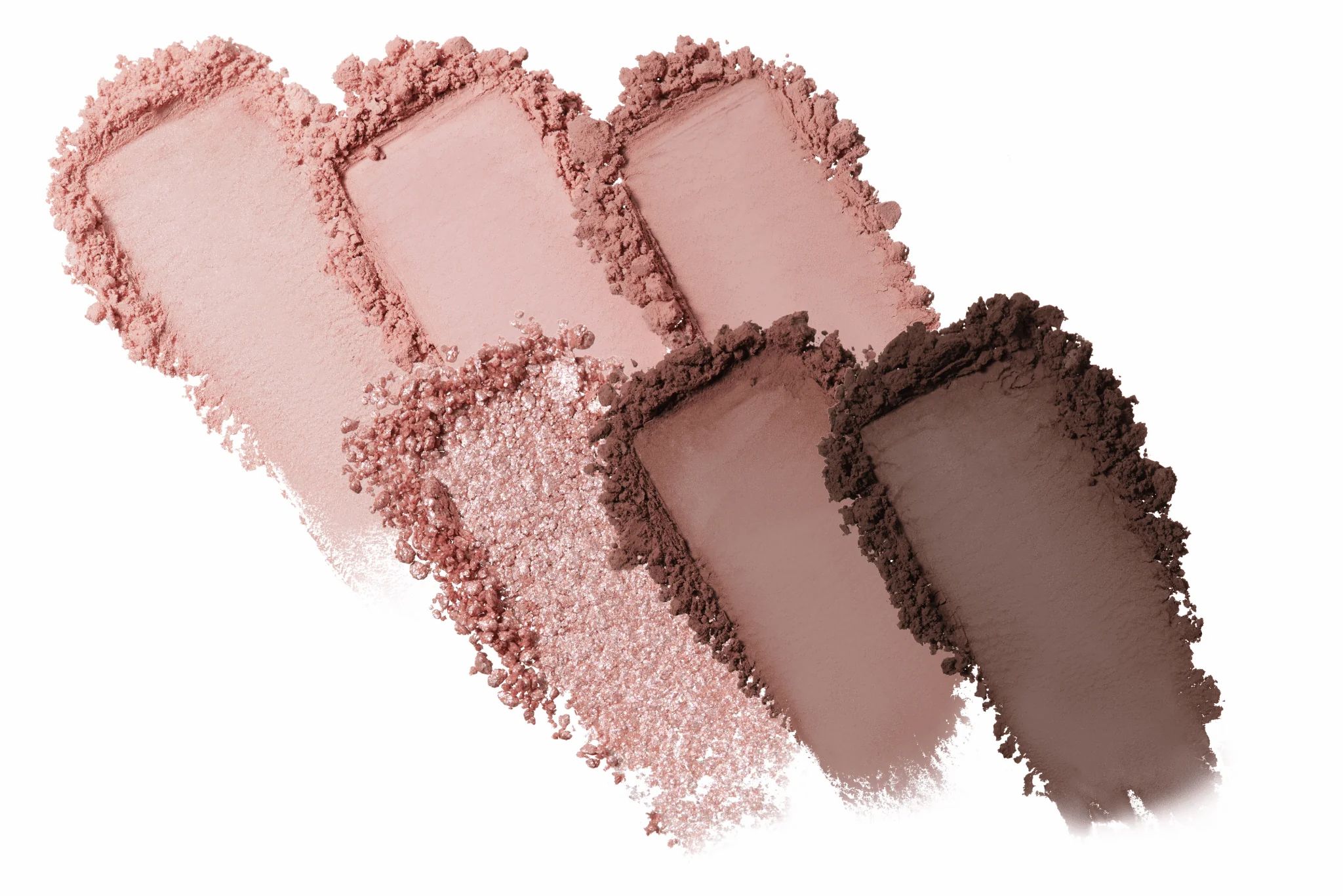 Sechs Lidschatten-Farben in rosa und braunen Tönen. Pudertextur. Auf weißem Hintergrund.