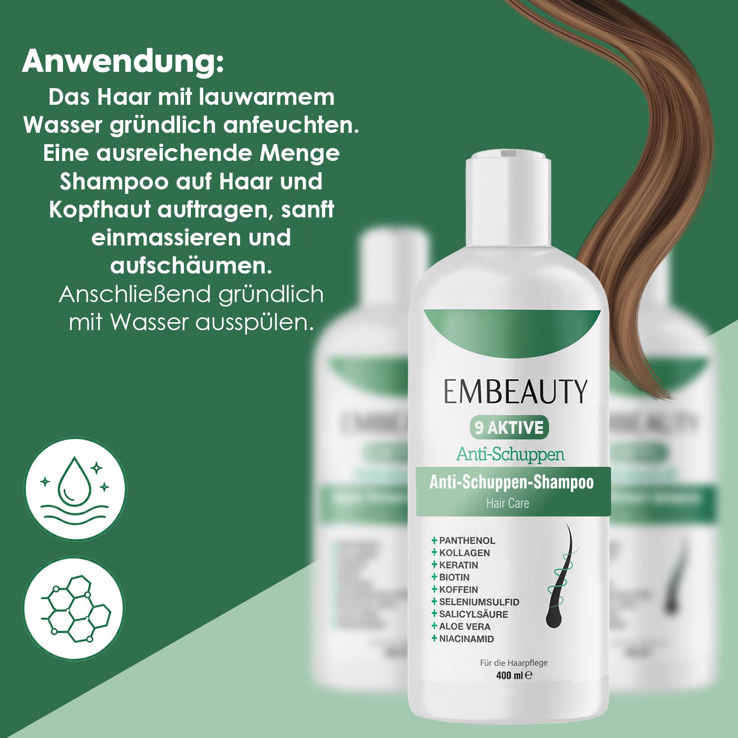 Embeauty 9 Aktive Anti-Schuppen Shampoo Flasche mit Inhaltsstoffen wie Panthenol, Kollagen, Keratin, Biotin, Koffein, Selensulfid, Salicylsäure, Aloe Vera, Niacinamid. 400 ml.
