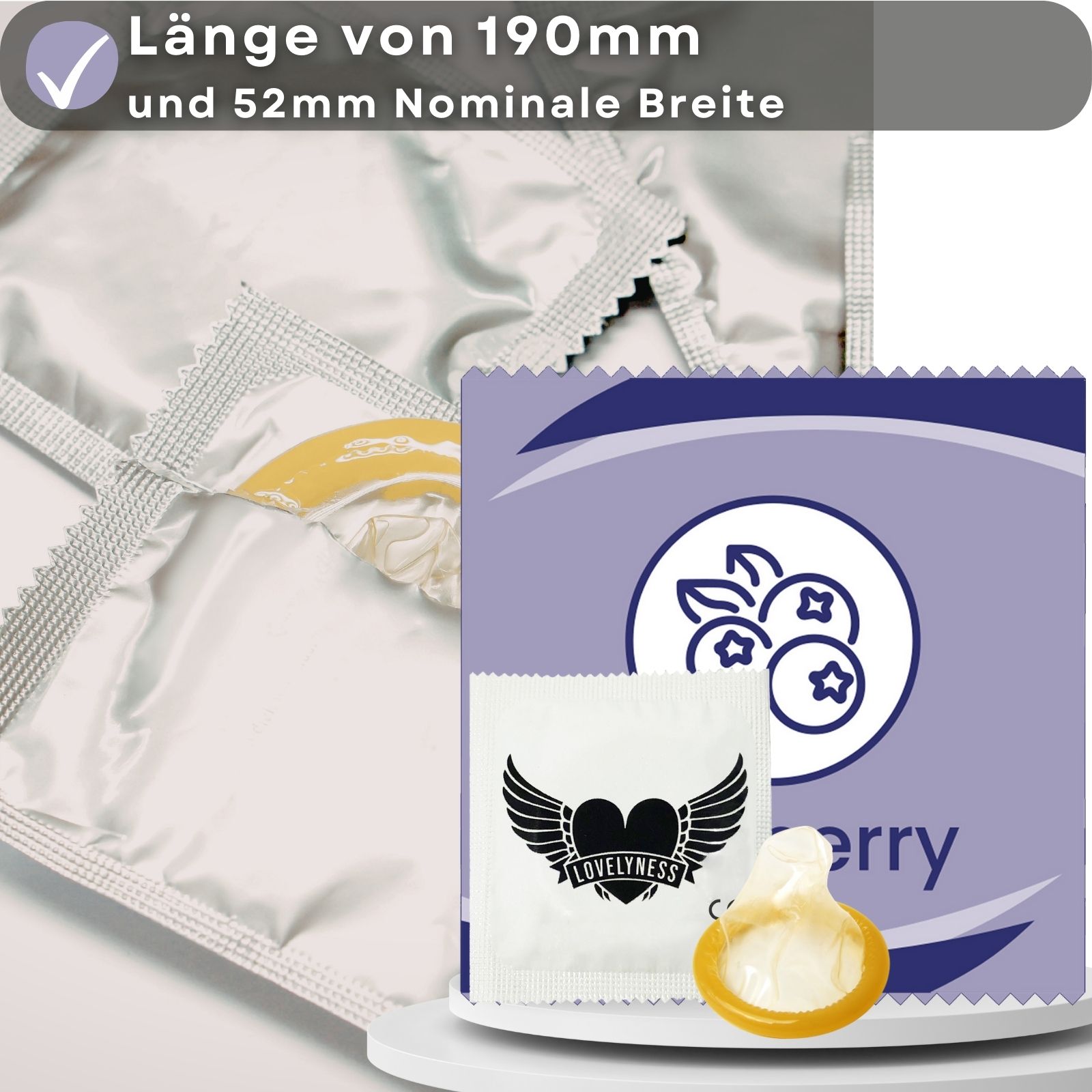 Kondom mit Blaubeere-Geschmack. Sichtbar: Verpackung, Kondom, Text.