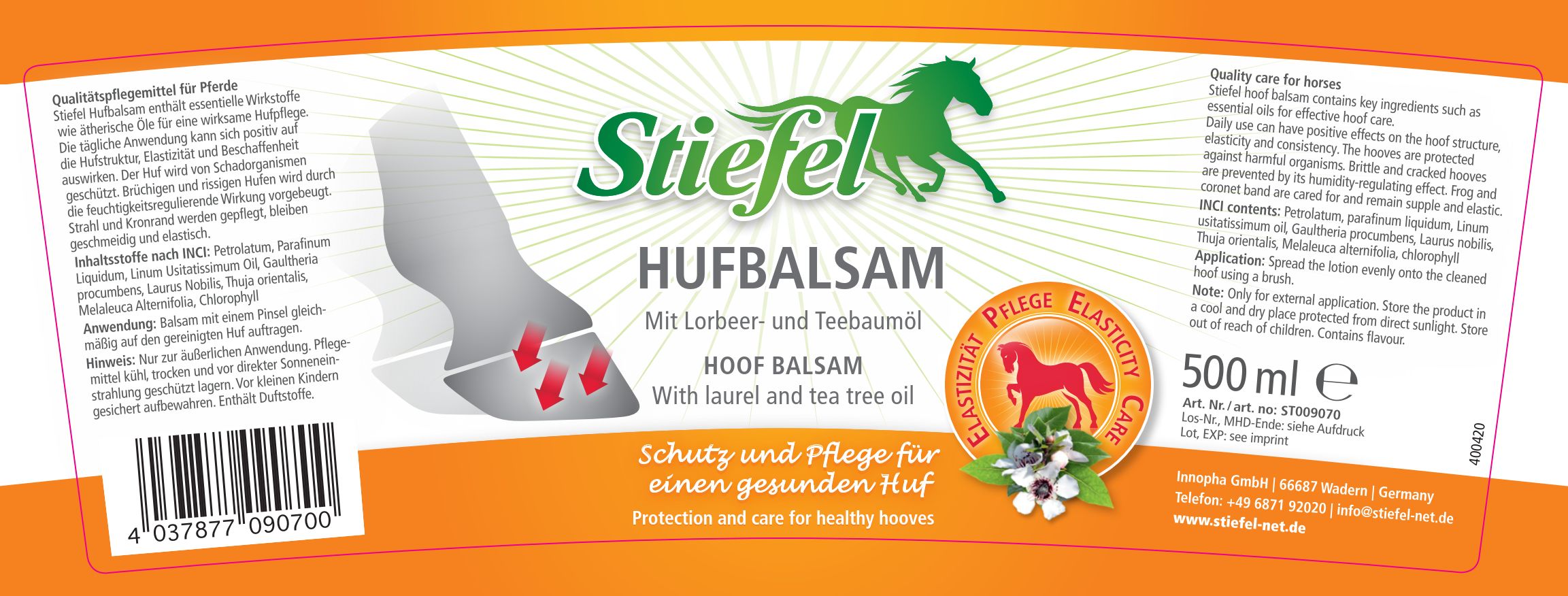 Etikett mit Produktnamen Stiefel Hufbalsam. Text: Schutz und Pflege für einen gesunden Huf. Logo: grünes Pferd. Inhaltsangaben.