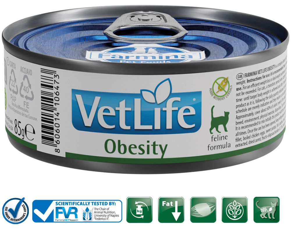Katzenfutterdose "VetLife Obesity". Etikett mit Text und Logo. Grüne Katze-Silhouette. 85g. Verschiedene Qualitätssiegel.