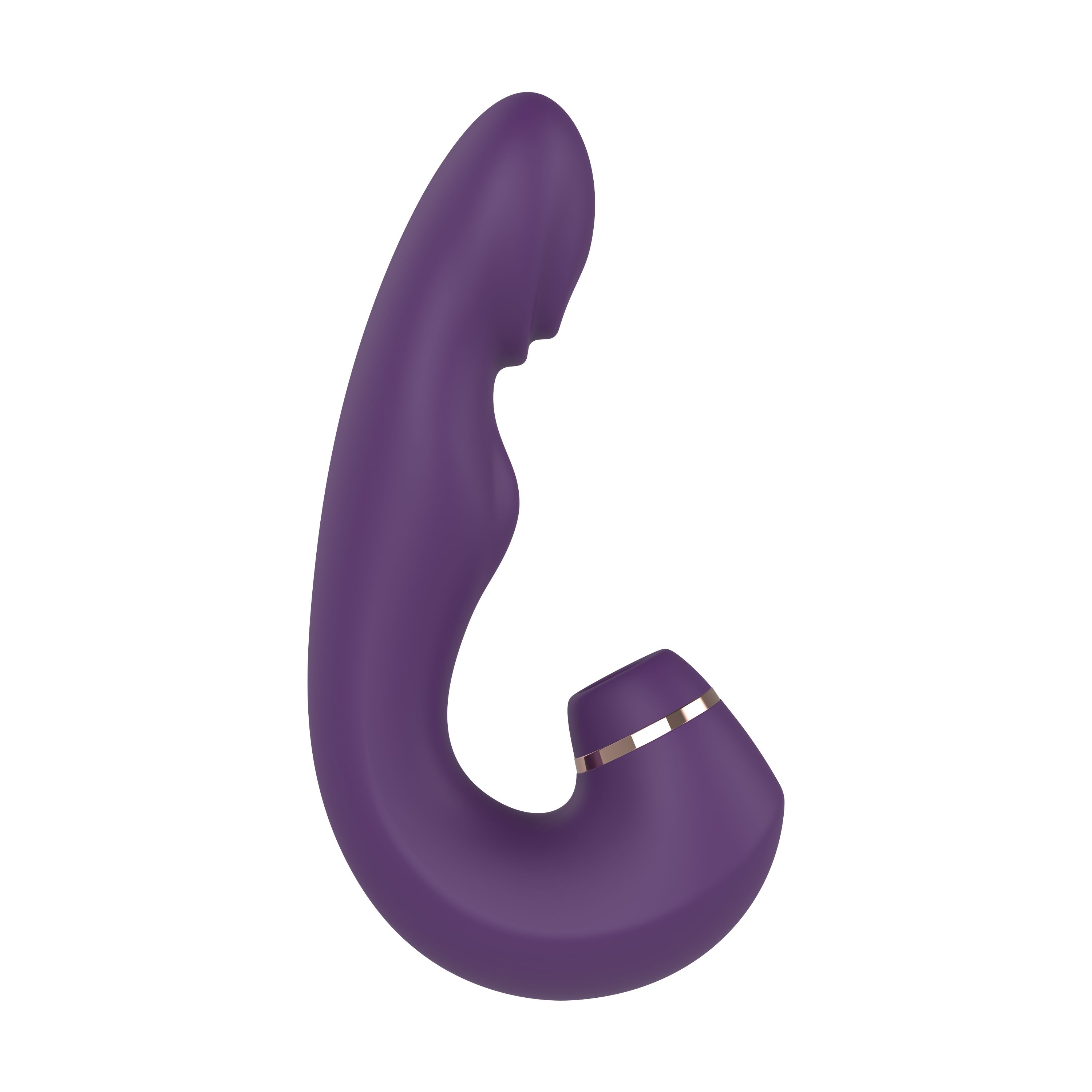 Lila Vibrator mit geschwungener Form. Goldfarbener Akzent am Kopf. Glatte Oberfläche.