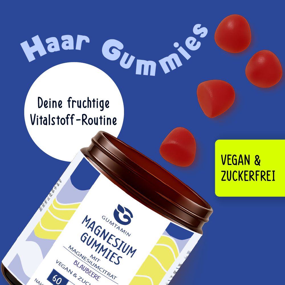 Dose Magnesium Gummibärchen, blaue und weiße Etiketten. Rote Gummibärchen fallen heraus. Text: Gumtamin, Magnesium Gummies, 60 Gummies.